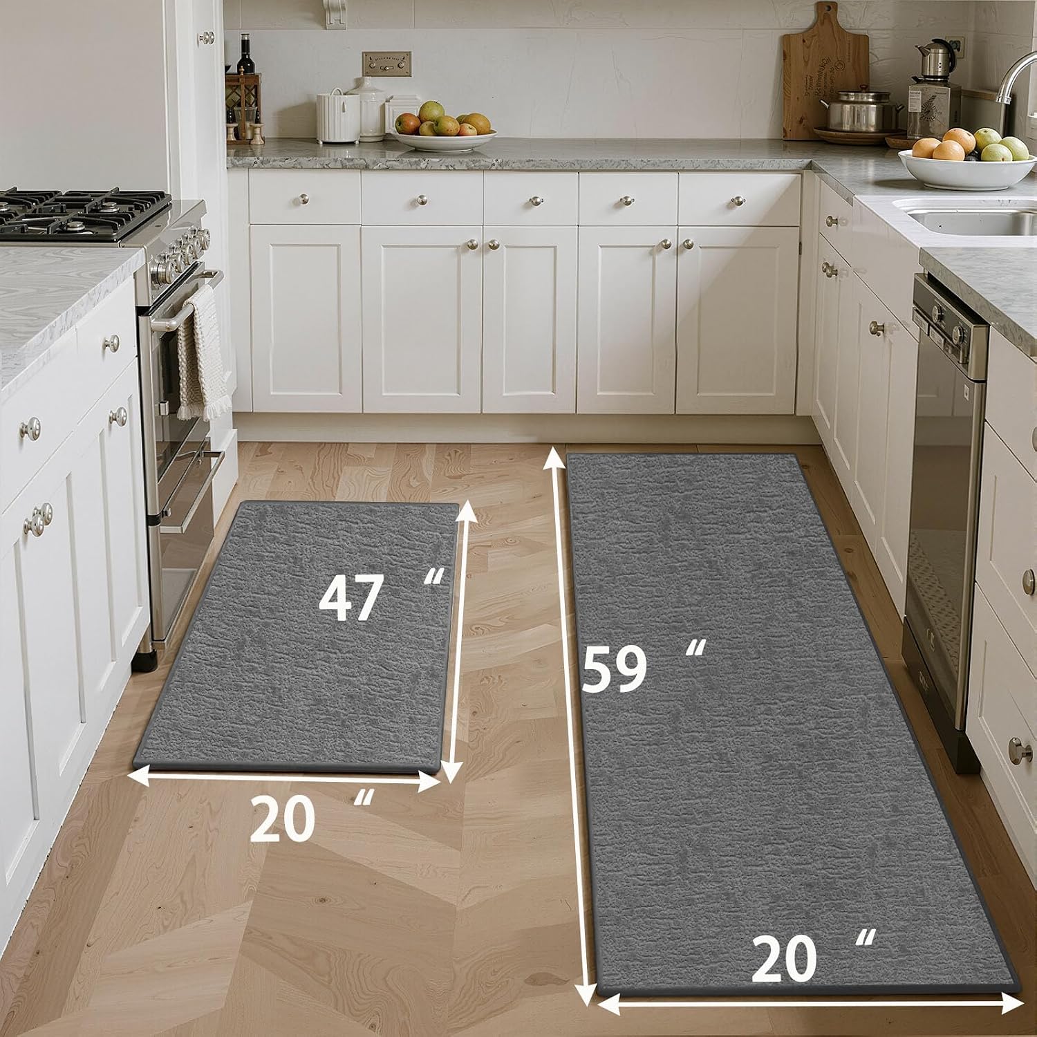 Kitchen Mats for Floor 2 Piece Washable Rugs Non Slip Kitchen Rug Sets, Absorbent Corner L Shaped Rug Runner Non Slip Kitchen Mat Set for Shower, Bathroom, Indoor Door (Grey Rug, 47“×20“+59“×20“)