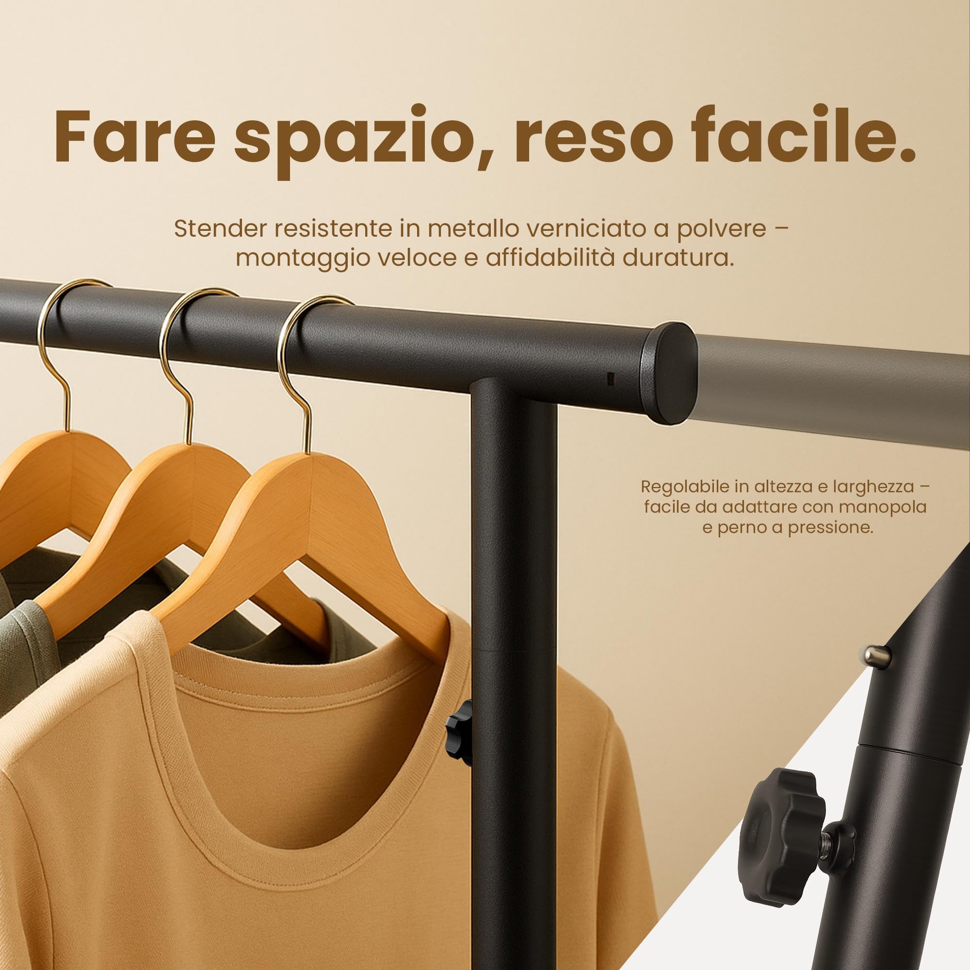 CLP Appendiabiti con Ruote Stabile Soran, Asta Regolabile in Altezza e Pieghevole, Stand Appendiabiti Metallo Nero Dimensione 150x50x188 cm