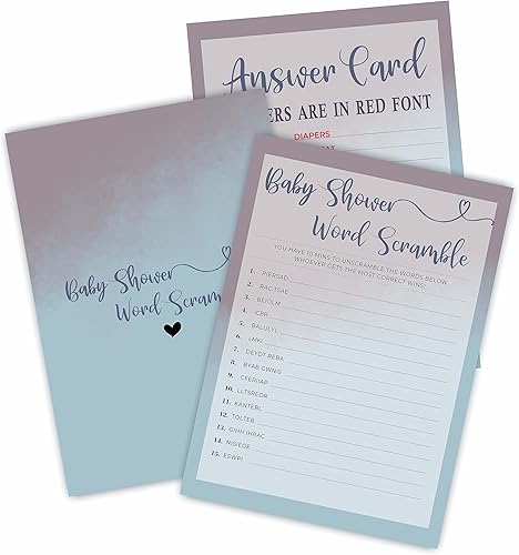 Kit de juego de palabras para bebé para baby shower, 30 tarjetas de juego de relleno de estilo lila y azul y 1 tarjeta de respuesta para bebé niño o disponible en Yaxa Guatemala