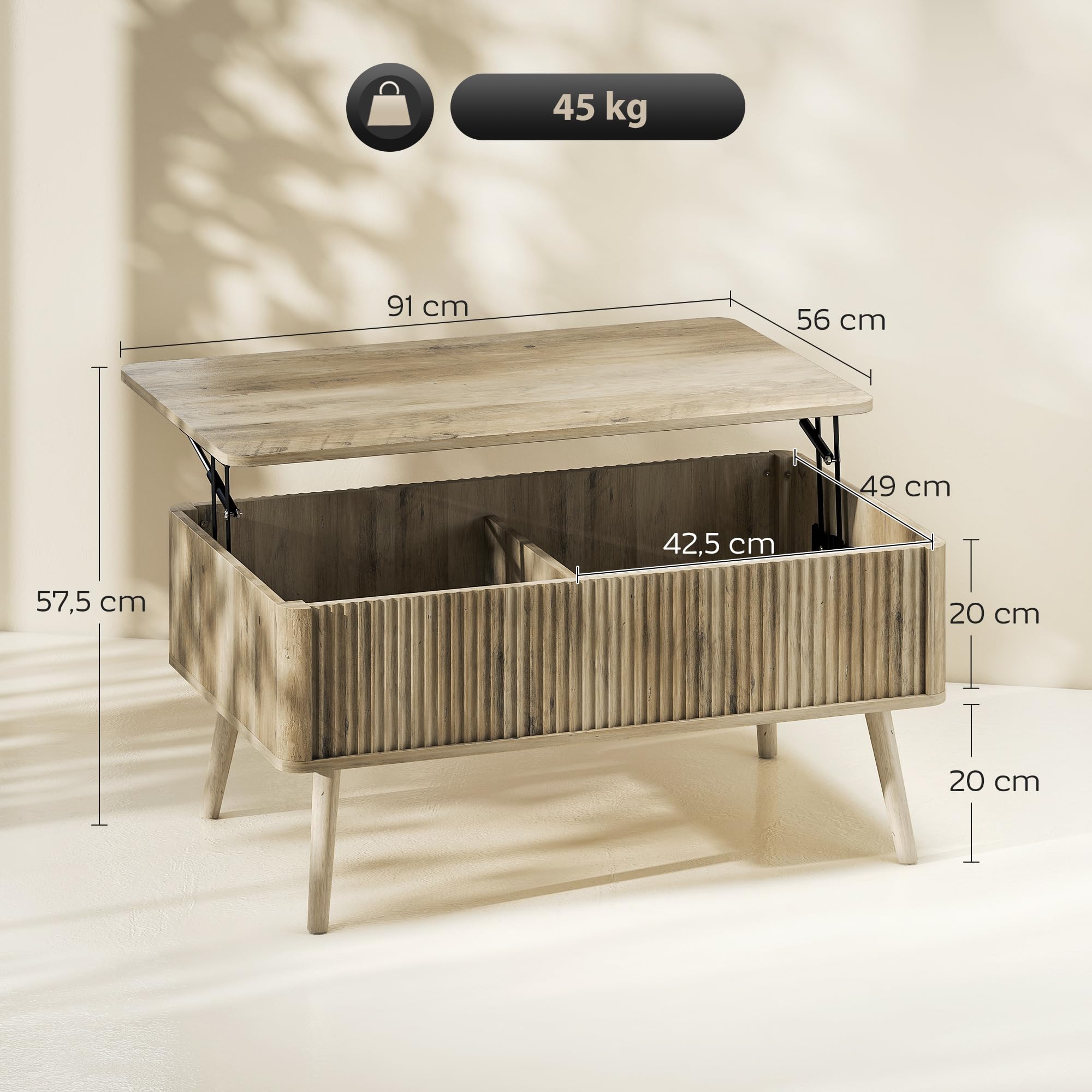 HOMCOM Mesa de Centro Elevable, Mesa de Café para Salón, Comedor, con Compartimentos Ocultos de Almacenaje y Patas de Pino, 91x56-80,5x43-57,5 cm, Roble