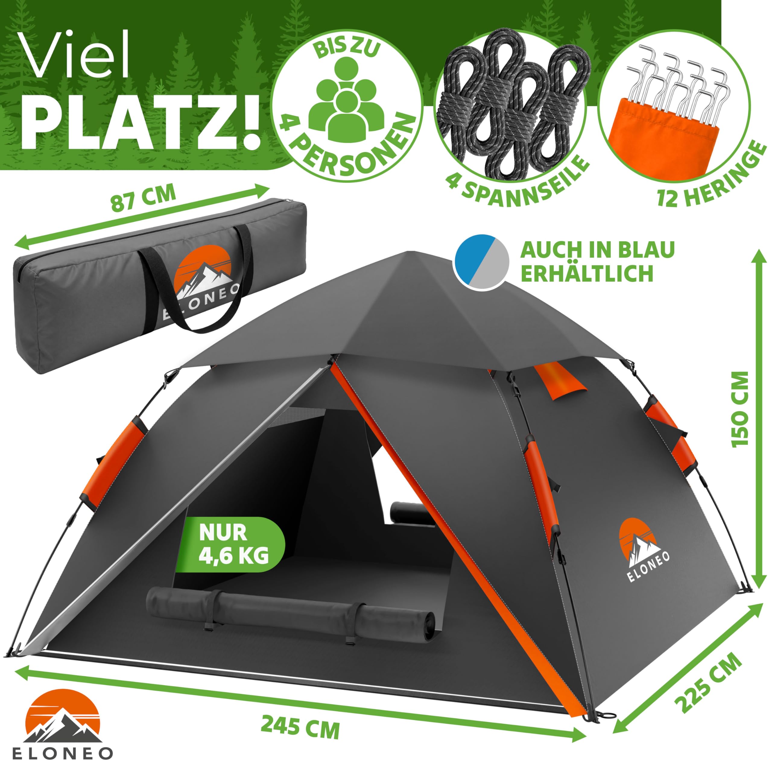 ELONEO Wurfzelt - extra wasserdicht & stabil, schneller Auf- & Abbau in 45 Sekunden | Wurfzelt 4 Personen wasserdicht | Wurfzelt 3 Personen | Wurfzelt 2 Personen, Pop Up Zelt 2 Personen | Camping Zelt