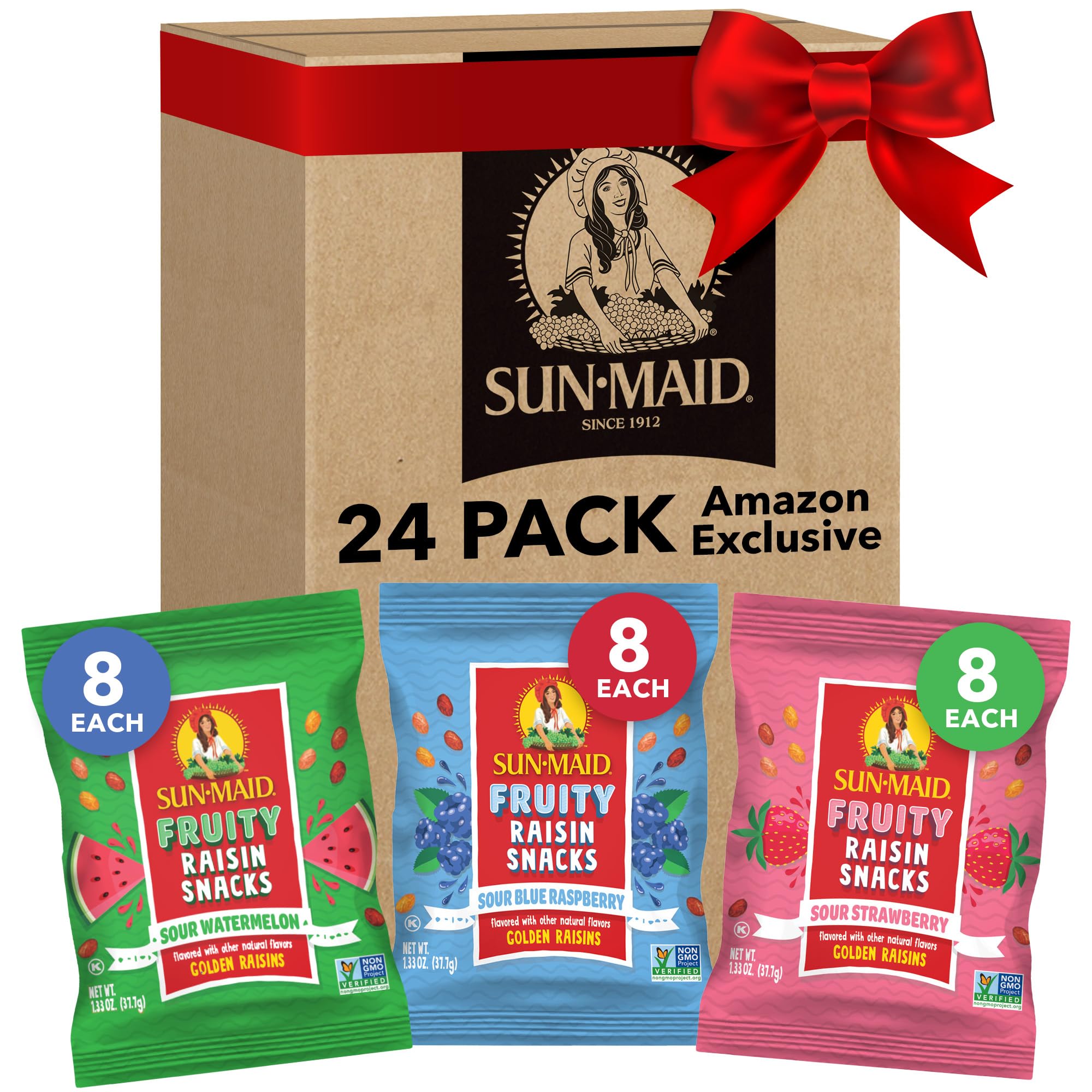 Sun-Maid Fruity Raisin Snack Variety Pack - Sour Strawberry, Watermelon & Blue Raspberry - (24 Pack) 1.33 oz Pouches - Holiday Snacks and Stocking Stuffers