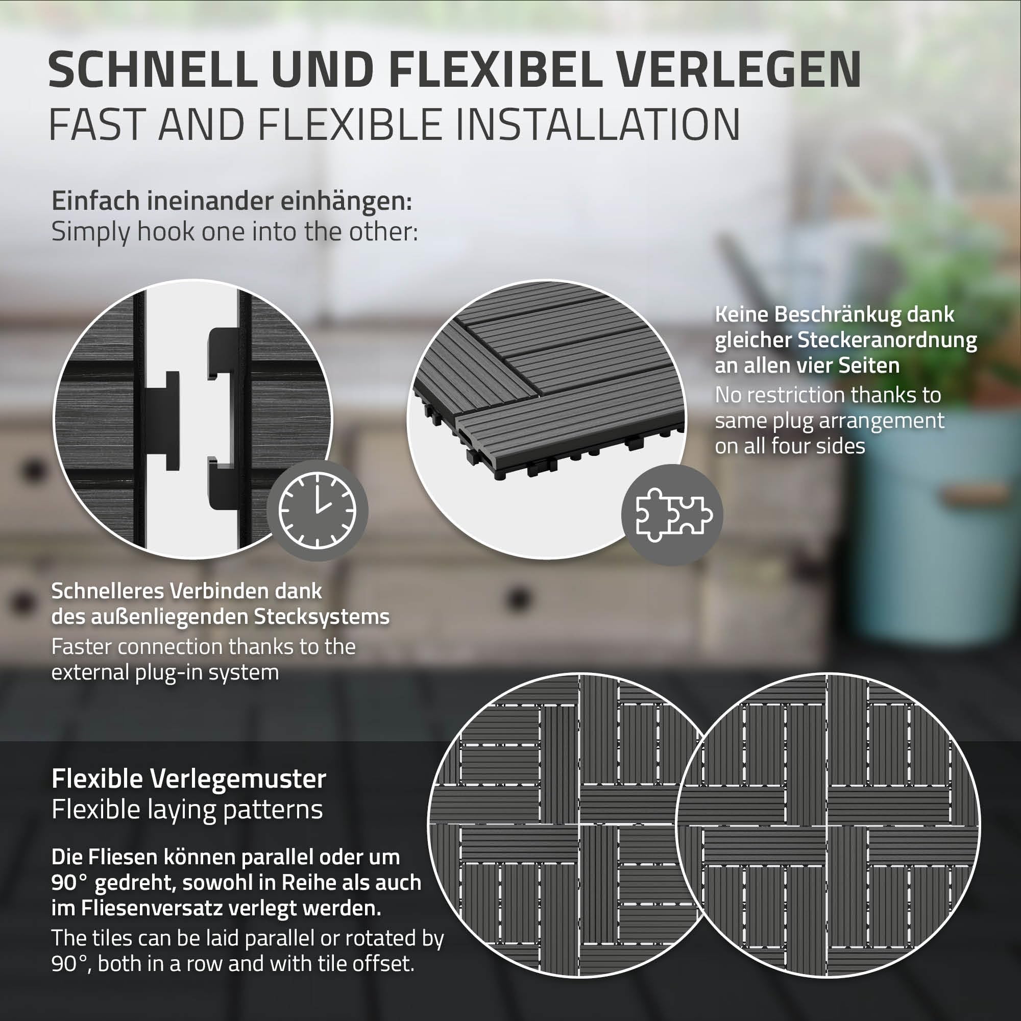 ECD Germany Dalles Terrasse Clipsables WPC 30x30 cm/11 pièces=1m² Anthracite Mosaïque Aspect Bois Carreaux avec Système à Clic et Drainage Revêtement de Sol Carrelage Lames Patio Jardin Extérieur