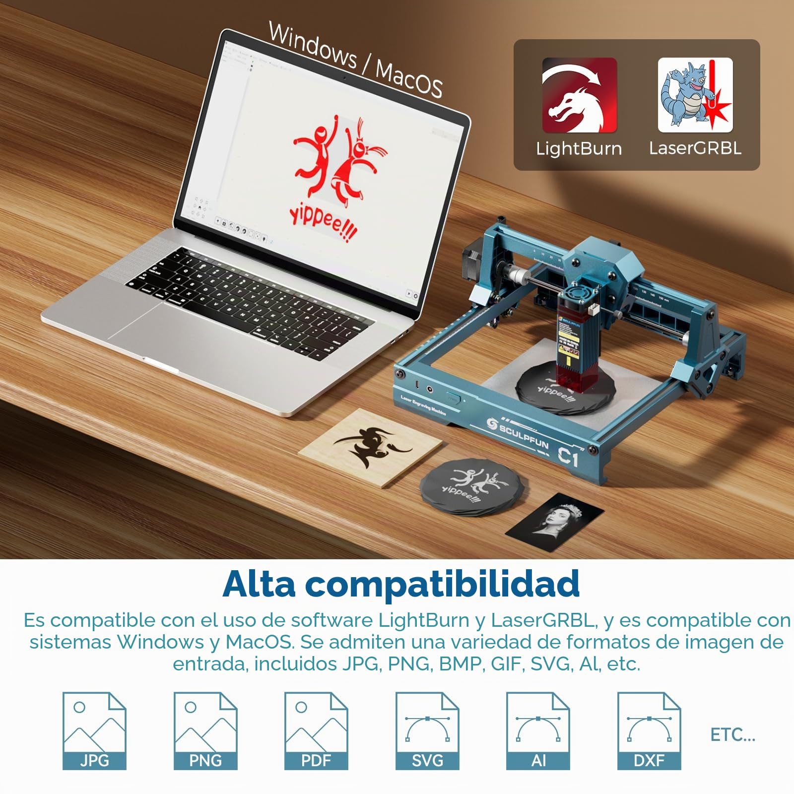 SCULPFUN C1 Mini grabadora láser, máquina de grabado láser portátil de 3 W con punto ultrafino 0,04 mm, sin necesidad de instalación, para principiantes, dispositivo de grabado laser para madera metal