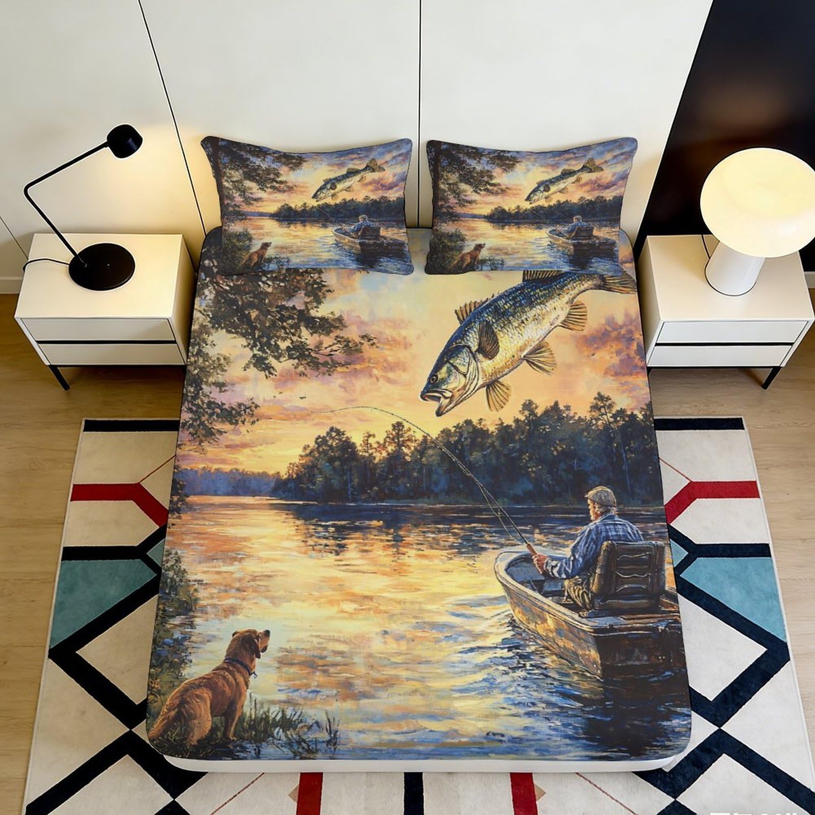3D Printed Fishing Scene Fitted Sheet Microfiber Soft Durable Lake Sunset Bed Cover for Bedroom Dormitory Guest Room Mattress Protection 160x200x25cm