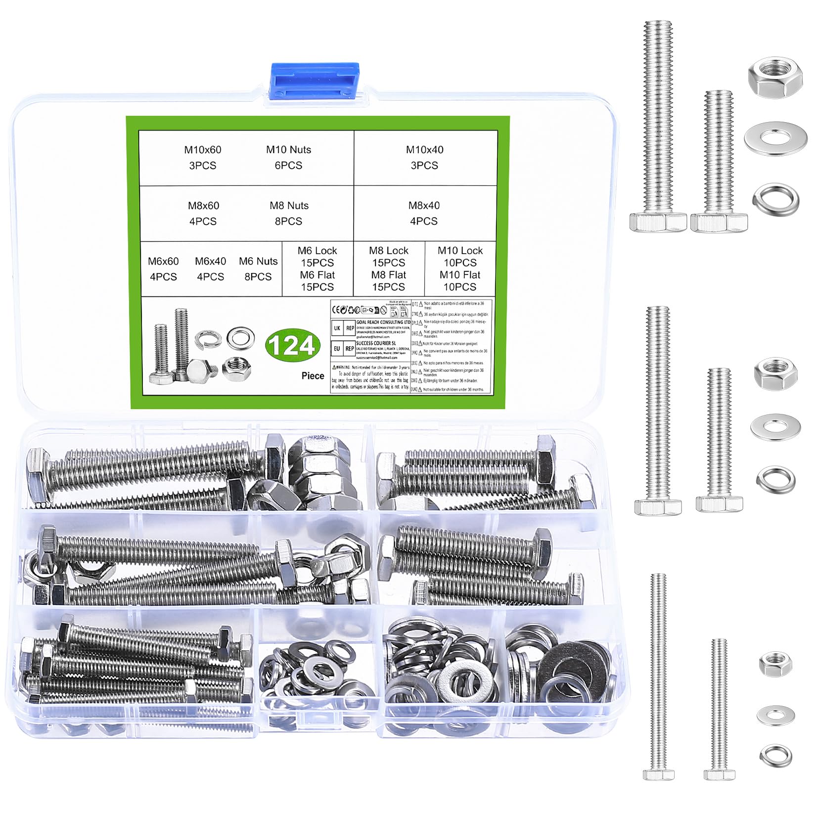 124 Pcs M6 M8 M10 Hex Bolts and Nuts Set, Stainless Steel Assorted Nuts and Bolts and Flat & Lock Washers Assortment