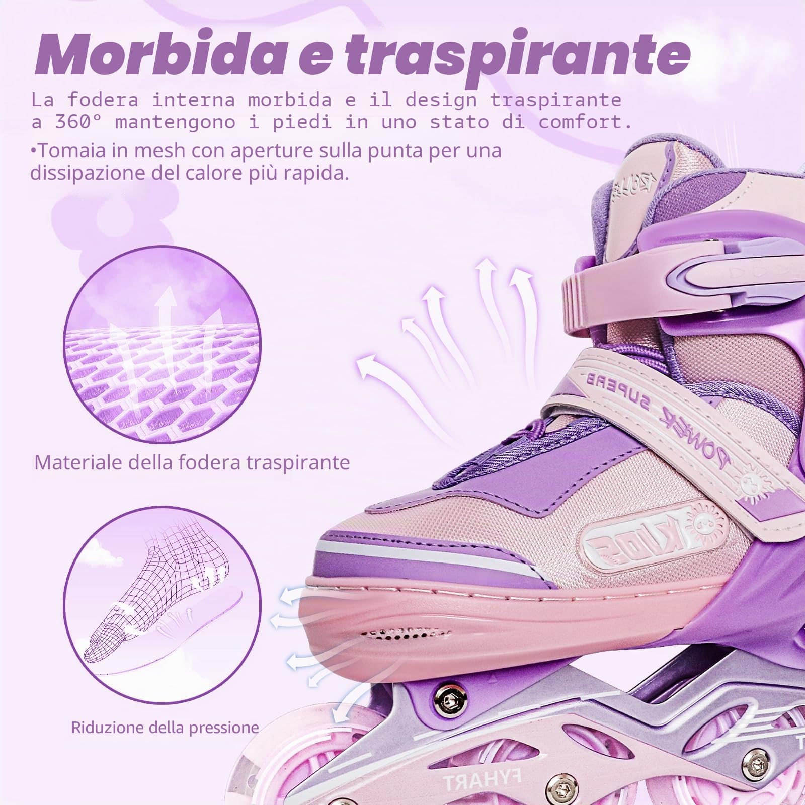 Pattini in linea per bambina e ragazze, Regolabili pattini in linea a 4 ruote per bambini e adolescenti con ruote luminose per lo sport, Rosa Viola