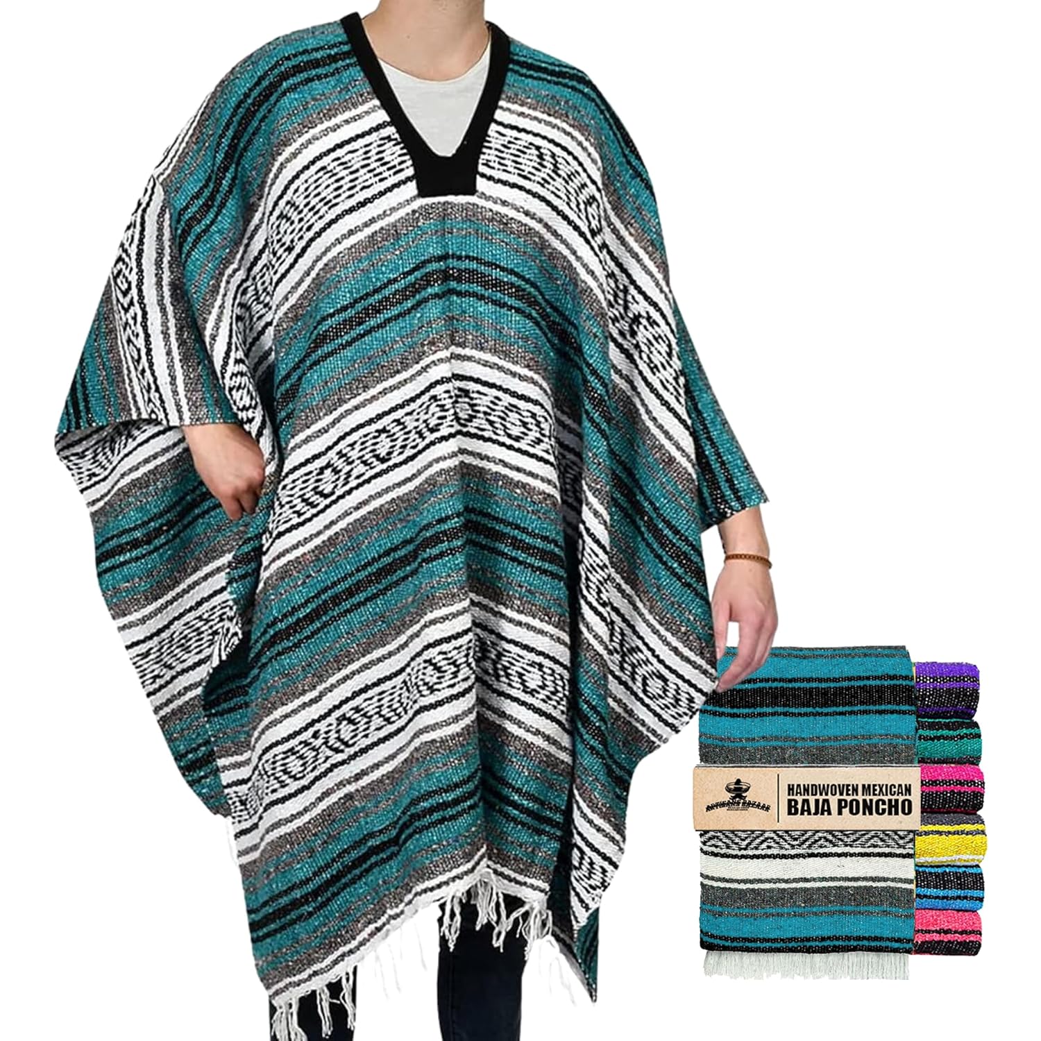 Artisans Bazaar Casaco mexicano de inverno mexicano Baja Poncho 100% quente e confortável