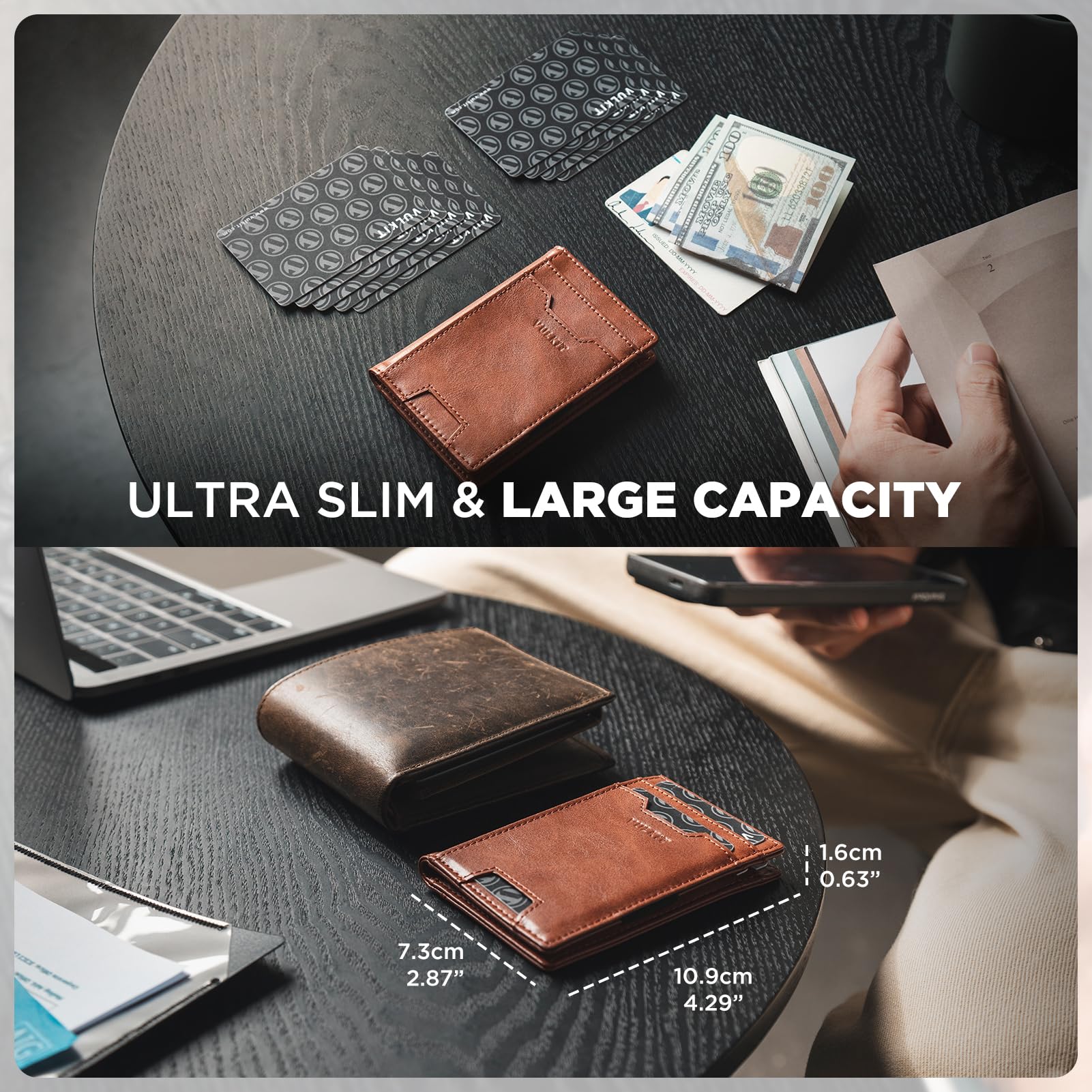VULKIT Étui pour cartes de crédit, blocage RFID, en cuir fin, poche avant, porte-monnaie pour homme, porte-cartes bancaires, accès rapide avec 10 emplacements et bande pour argent pour factures ou