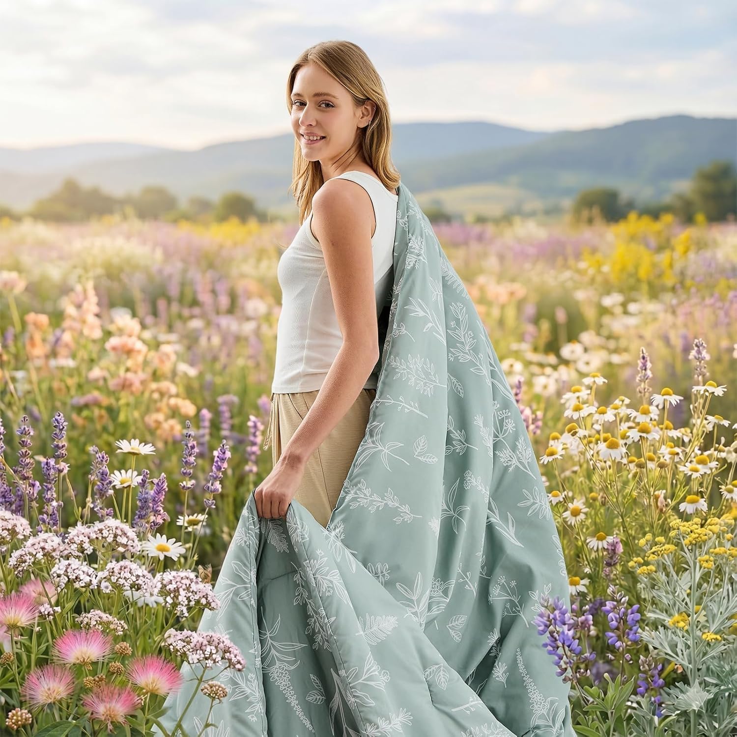 MUXHOMO King Comforter Set 7 Pieces, Sage Green Elegant Floral Print Bed in a Bag King, Ultra Soft & Breathable Reversible Botanical Pattern Bedding Set with Comforter, Sheets, Pillowcases, and Shams - Image 2