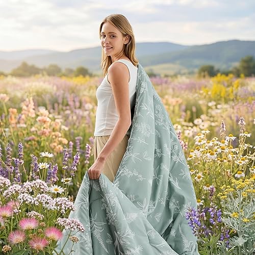 Miniatura 2 de MUXHOMO - Juego de ropa de cama Queen de 7 piezas, diseño reversible verde salvia patrón de flores botánicas, ultrasuave y transpirable con edredón,