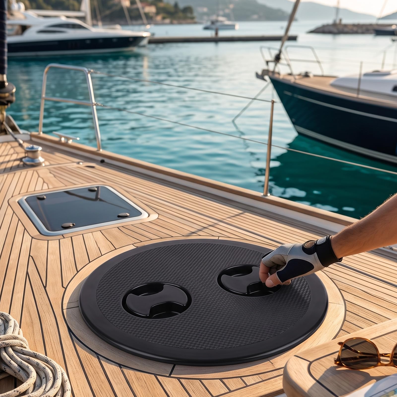 Tbest Coperchio di Ispezione Rotondo da Ponte per Barca, Tappo di Accesso | Tenuta Stagna, Superficie Testurizzata, Maniglie Girevoli, Portello, Uso Yacht
