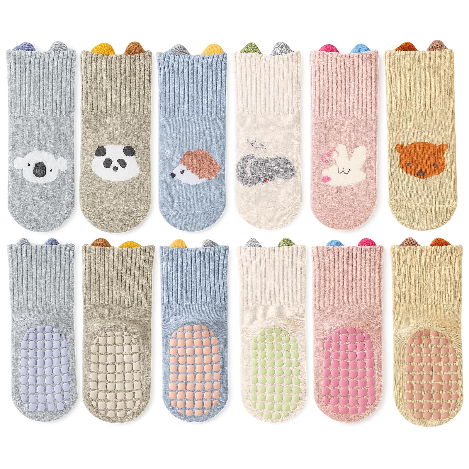 6 Paar Baby Socken 0-6 Monate, Weiche Baumwollsocken Anti Rutsch Socken Baby, Colours Lustige Socken mit Motiv, Antirutschsocken Baby mit Rutschfester Sohle, für Jungen Mädchen Kindersocken