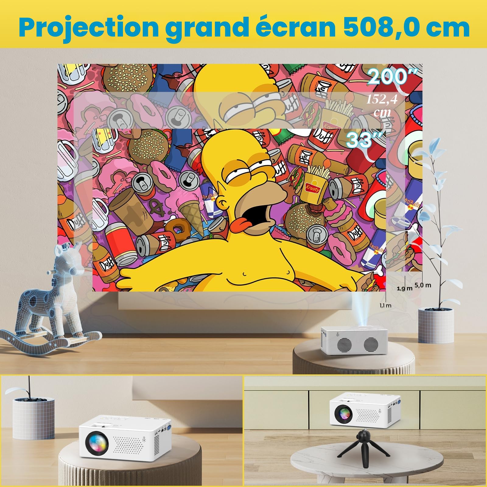 PURSHE Mini Projecteur, Vidéoprojecteur Bi-Canal Bluetooth et Zoom Électrique, Full HD 1080P Retroprojecteur Portable pour Home Cinéma, Compatible avec TV Stick/HDMI/Smartphone