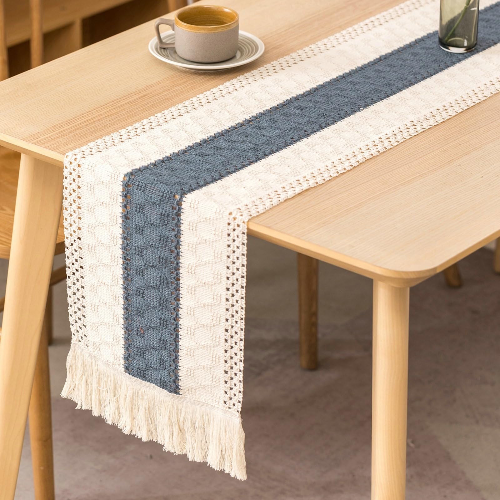 Tischläufer Modern Baumwollleinen, Tischläufer Hochzeit 30x280 cm, Zweifarbig Gewebt mit Quasten