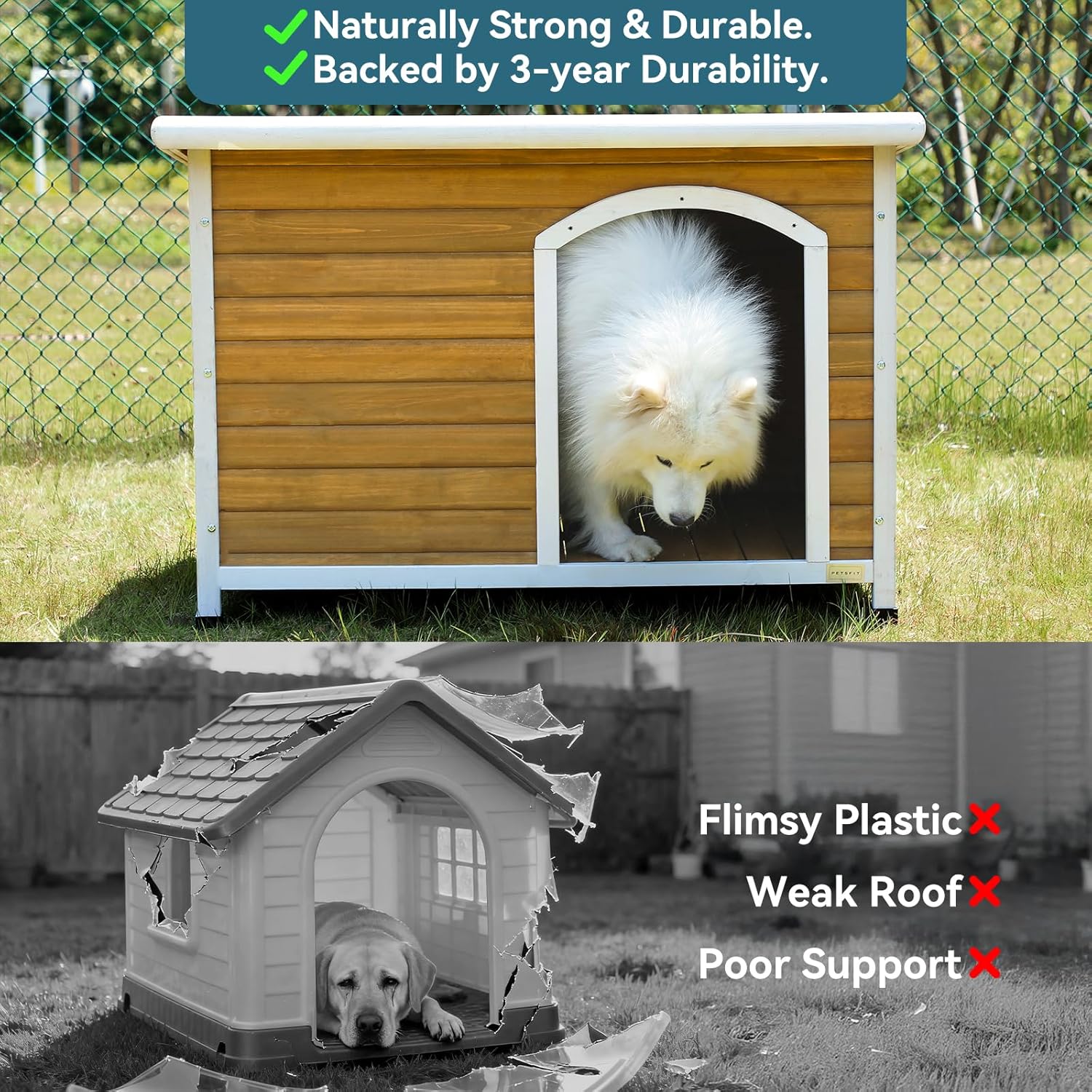 Petsfit Wooden Dog House for Medium to Large Dogs, Yellow and White, large/45.6" x 30.9" x 32.1"