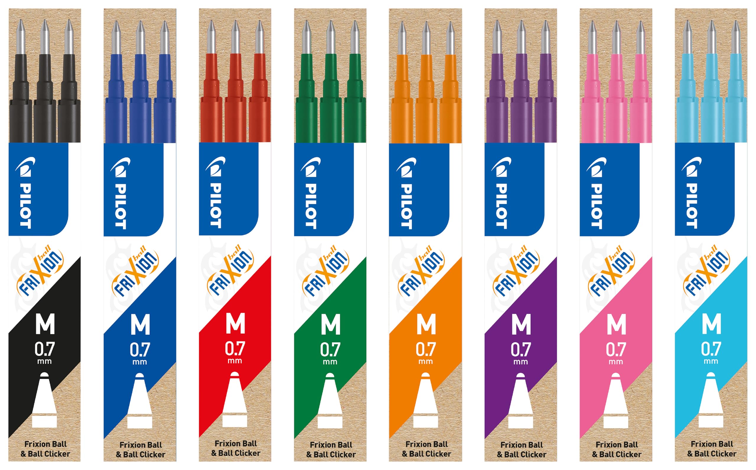 Pilot – Lot de 8 sets de recharges pour stylo roller effaçable Frixion, 1 de chaque couleur, noir, orange, bleu, vert, violet, rose, bleu clair et rouge - BLS-FR7