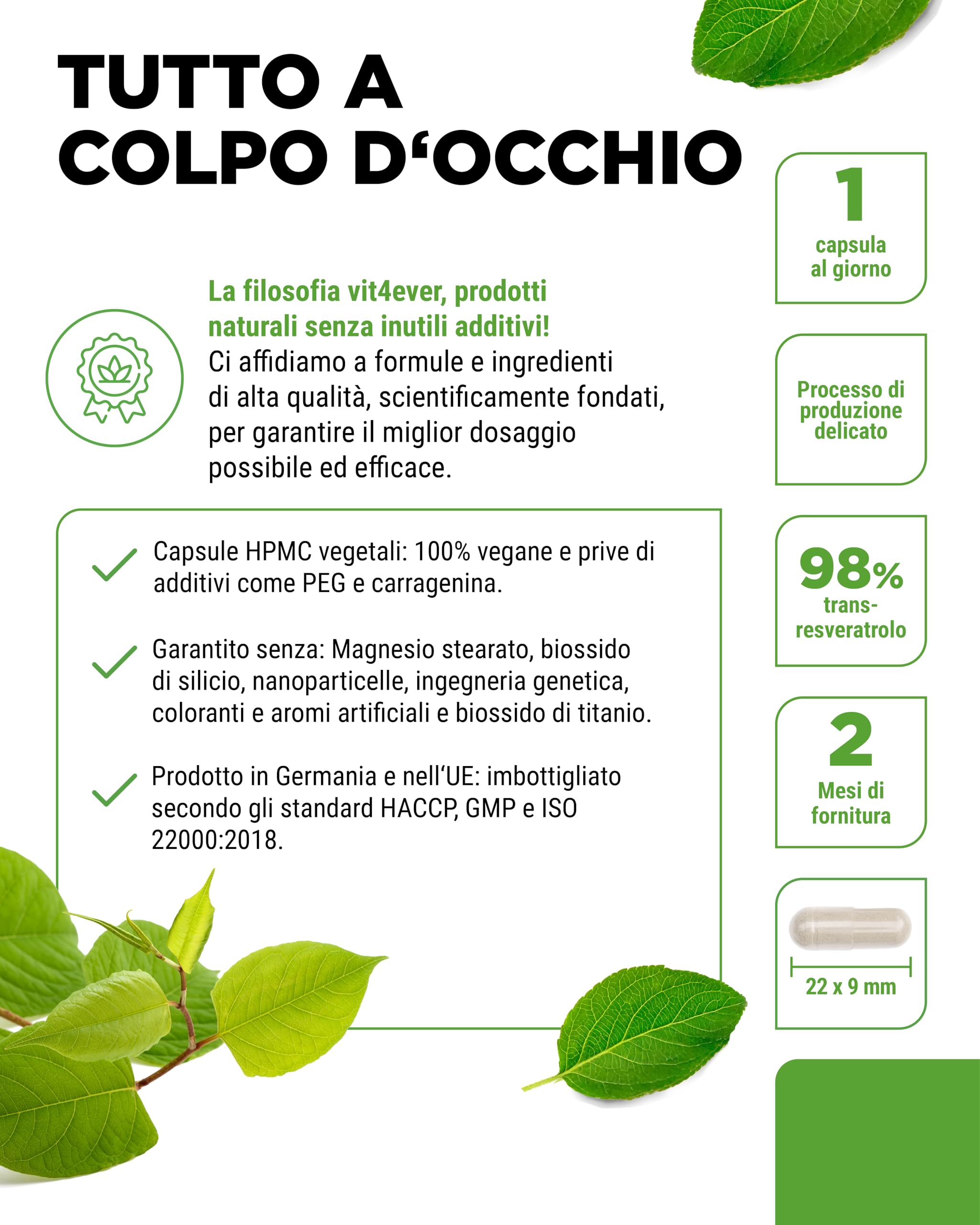 Resveratrolo - 520 mg per capsula - 98% trans-resveratrolo da estratto di radice di nodo giapponese 100:1 + piperina per una biodisponibilità ottimizzata - 60 capsule - ad alto dosaggio - vegano