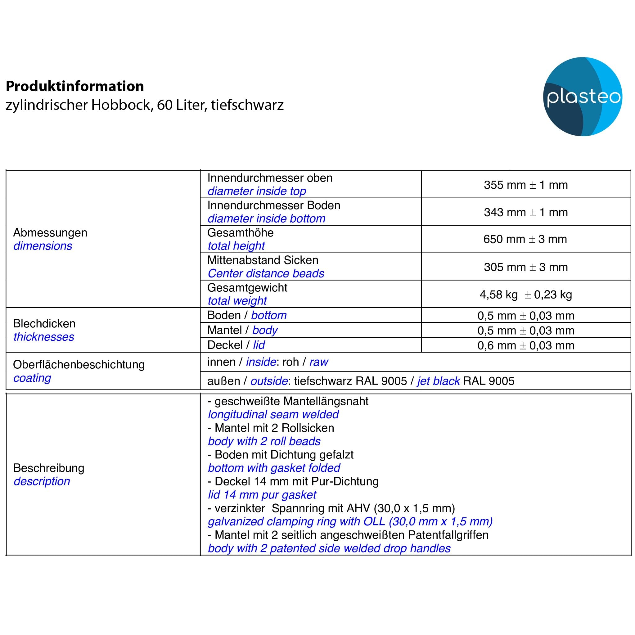 plasteo Hobbock Récipient de 60 l - Noir profond - Homologation UN - Fabriqué en DE, stockage, transport et stockage - Robuste - Stable - Verrouillage hermétique