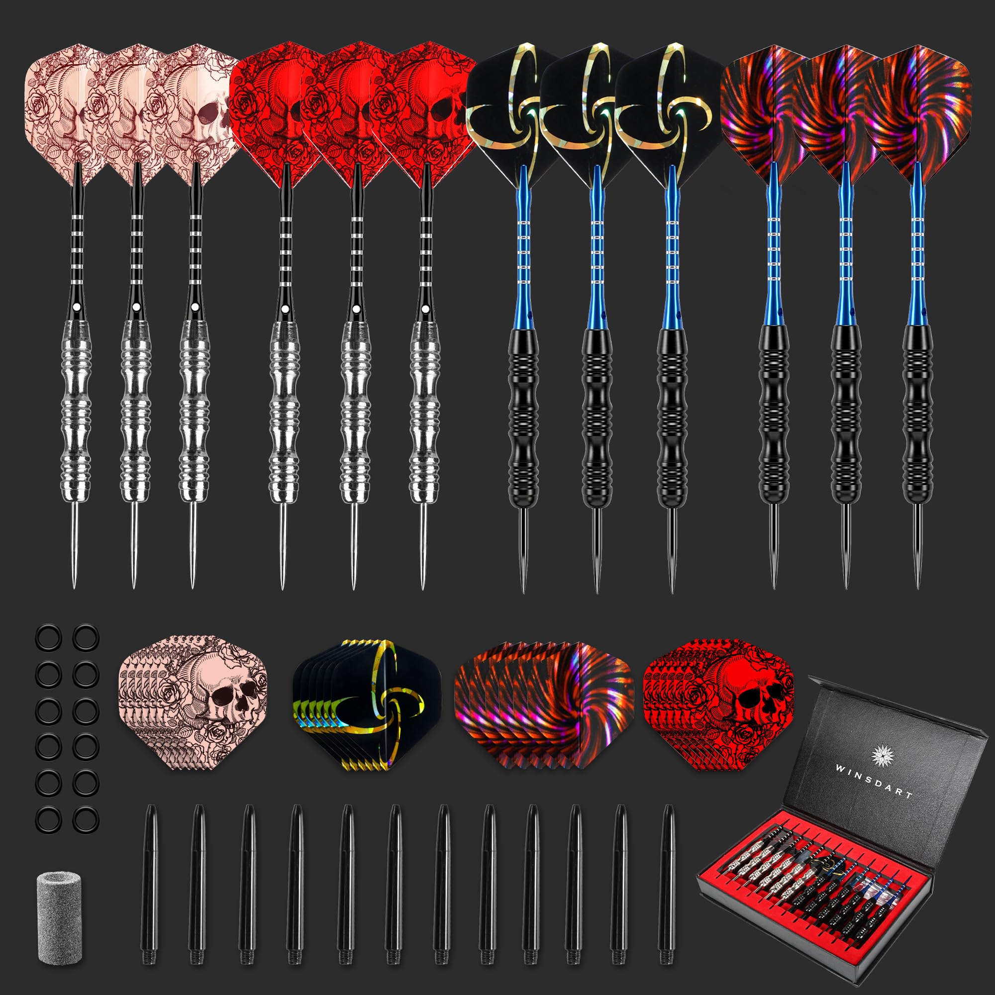 WINSDART ADKX Steel Tip Darts 12 Pack Set with Nonslip Iron Barrel Aluminum Dart Shafts and Flights + Darts Sharpener + an Gift Box