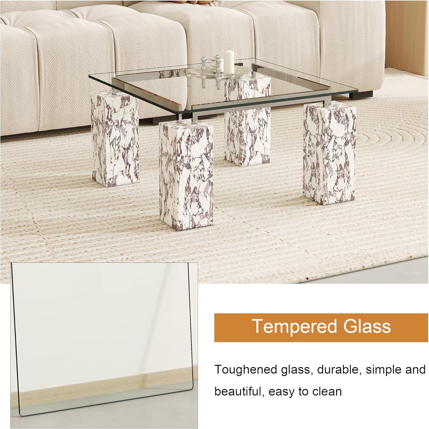 24x24 Inch Square Tempered Glass Table Top, 0.23 Inch Thick Clear Rectangle Tabletop with 6 Anti-Slip Rubber Rings, Replacement for Dining, Kitchen, Patio & Coffee Table