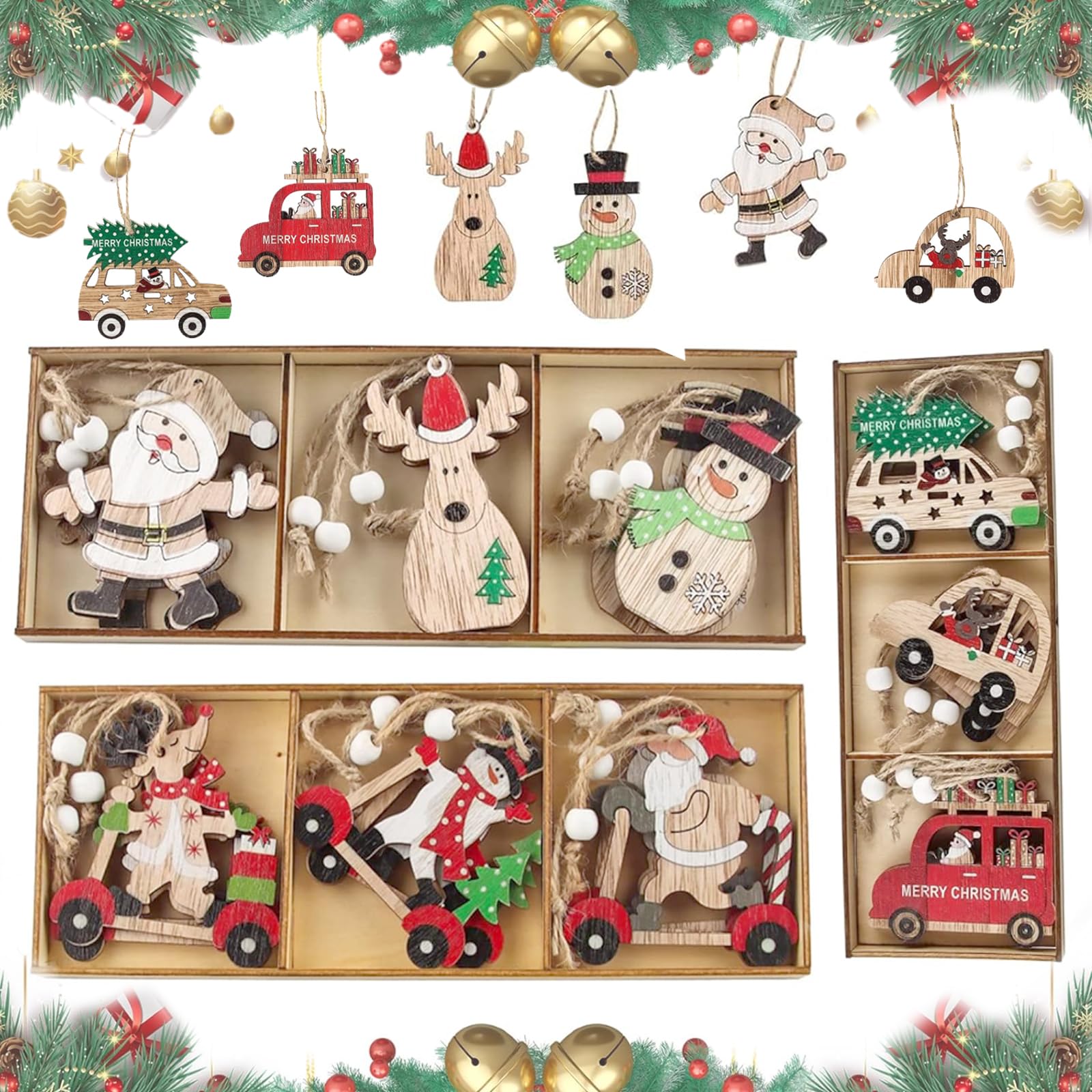 sunnilly Colgantes de Navidad de madera, 27 unidades, decoración navideña de ciervo, decoración de árbol de Navidad con reno para colgar, adornos de madera para árbol de Navidad