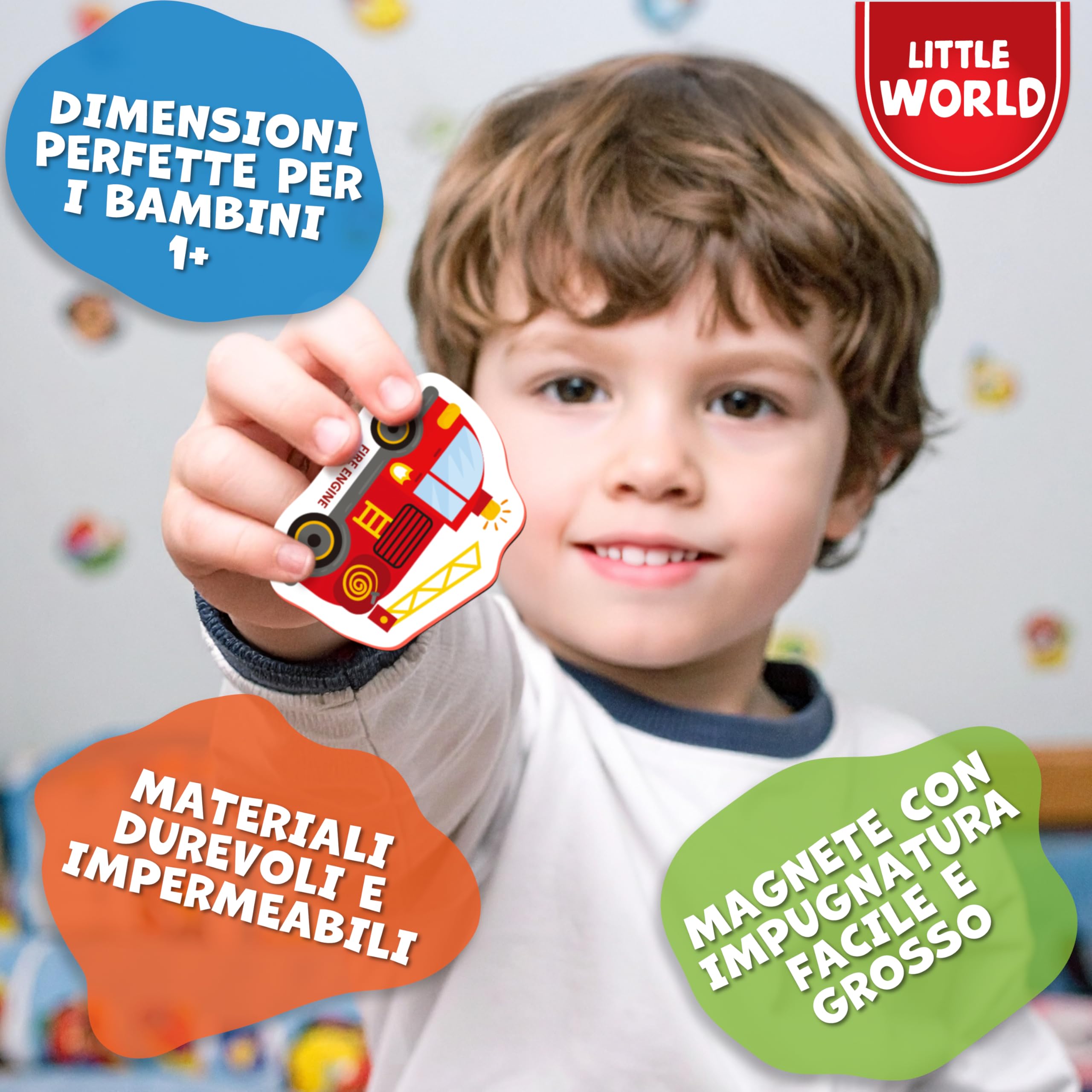 Little World 25 magneti da frigo per bambini da 1 a 3 anni, sicuri, durevoli, impermeabili, in schiuma, con confezione regalo colorata, magneti atossici per veicoli e professioni, per bambini e