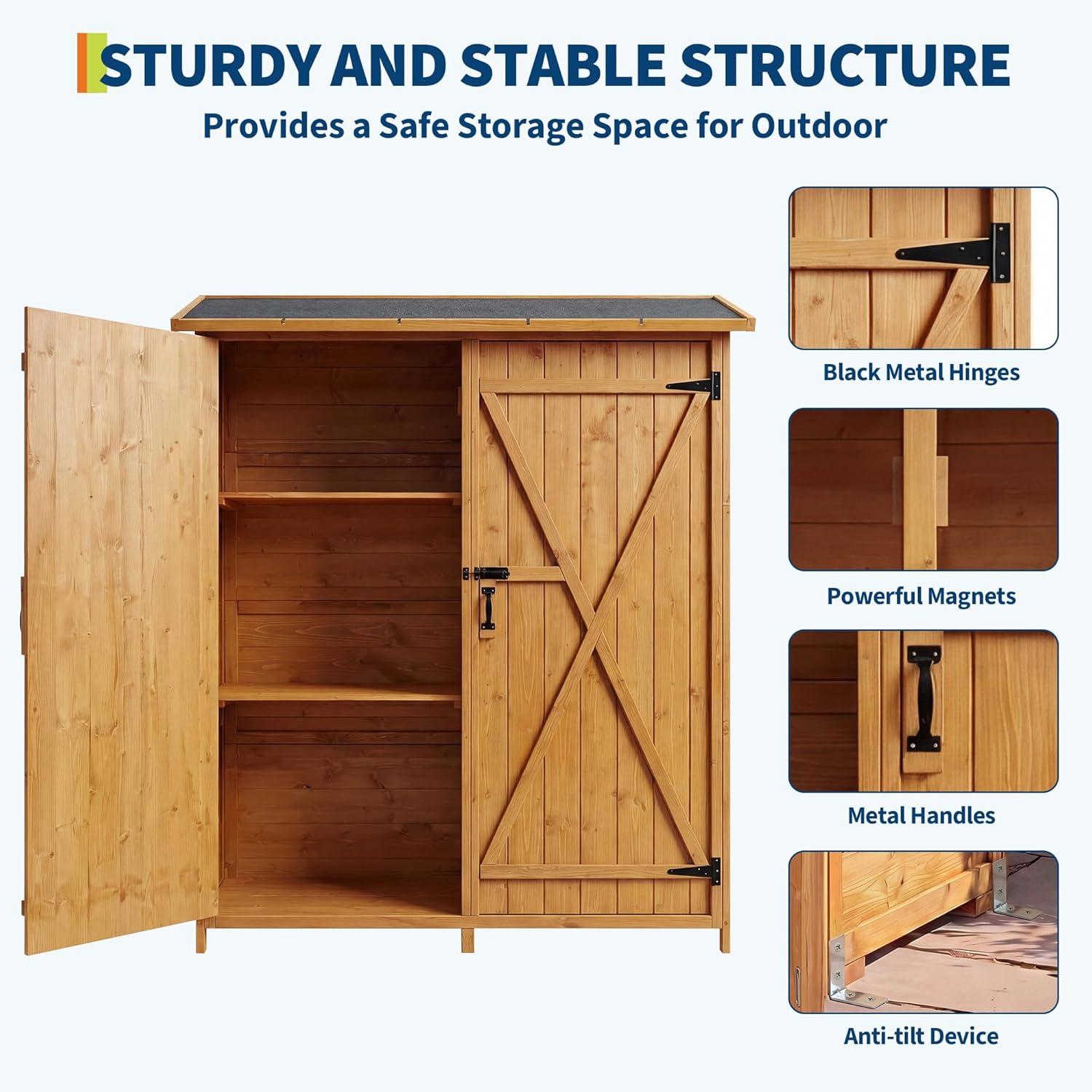 Close-up of Garvee Outdoor Storage Cabinet features: black metal hinges, powerful magnets, metal handles, and anti-tilt device