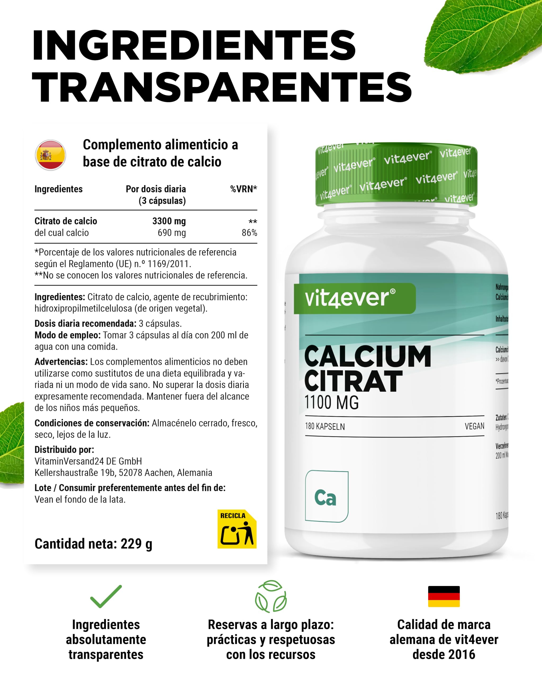 vit4ever Citrato de Calcio - 180 Cápsulas - Alta Dosificación con 1100 mg por Cápsula - Suministro para 2 Meses - Alta Biodisponibilidad - Calcio para Huesos, Dientes y Metabolismo Energético - Vegano