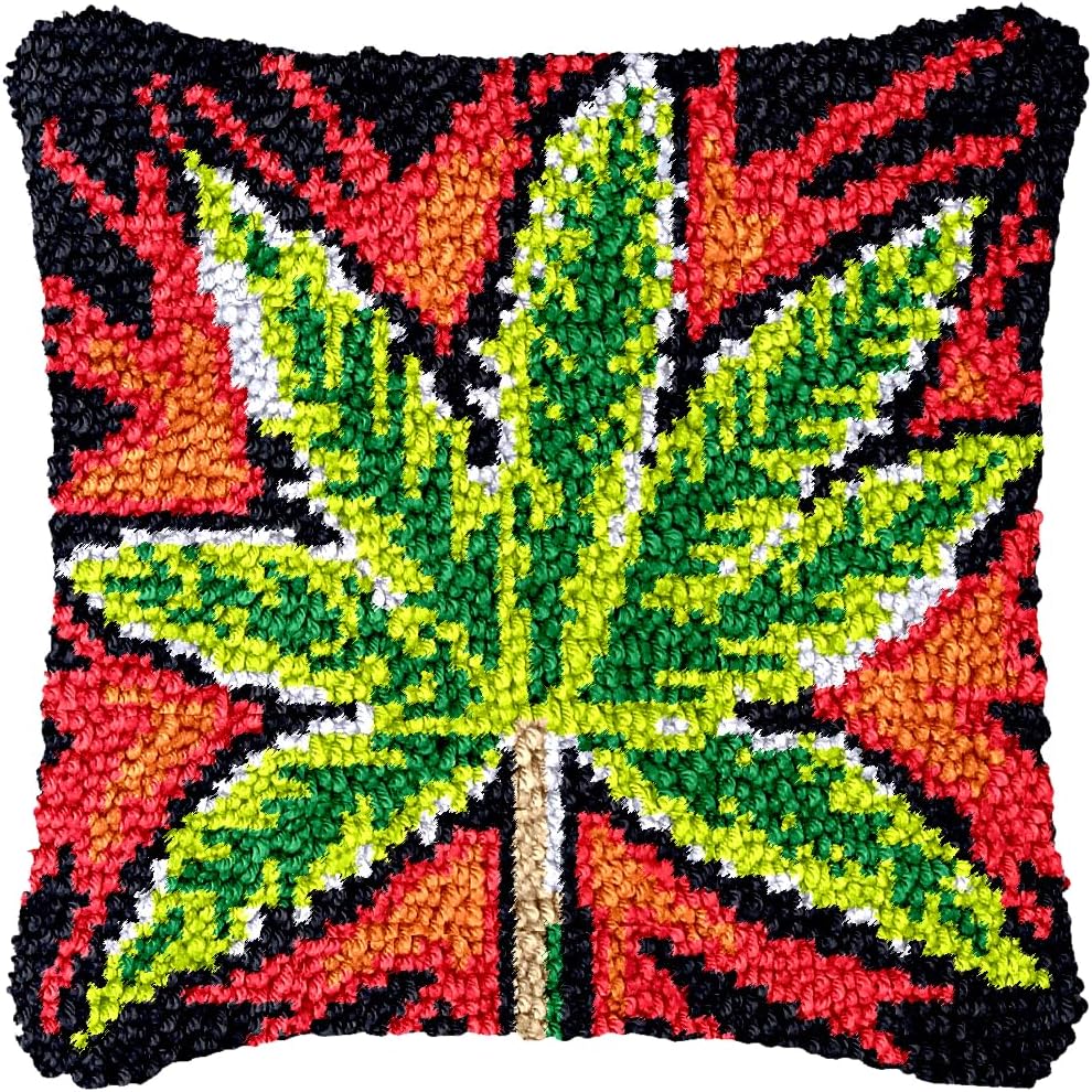 Marijuana Latch Hook Pillow Kit for Adults Throw Pillow Cover with Printed Canvas Crochet Yarn DIY Needle Craft Easy Handmade Cushion for Home Sofa Decoration 43x43cm(4)