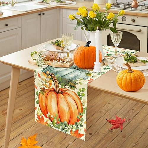 Miniatura 7 de Camino de mesa de otoño con hojas de eucalipto y calabaza, decoración de mesa de cocina de Acción de Gracias para decoración de fiesta en el hogar