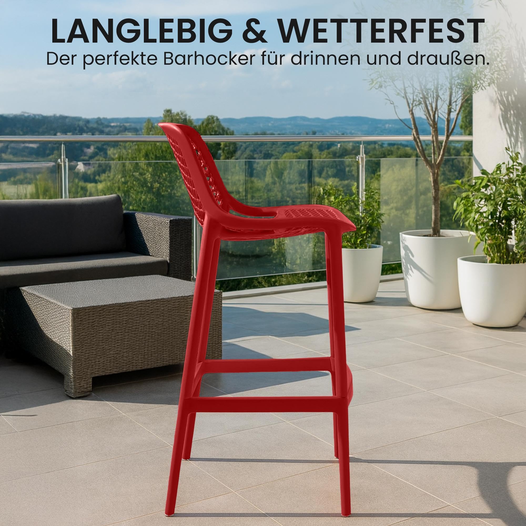 CLP Barhocker Garten wetterfest Air, Gartenstuhl mit Lehne, Tresenstuhl wetterfest UV-beständig aus pflegeleichtem Kunststoff, bis 160 kg, Farbe:rot