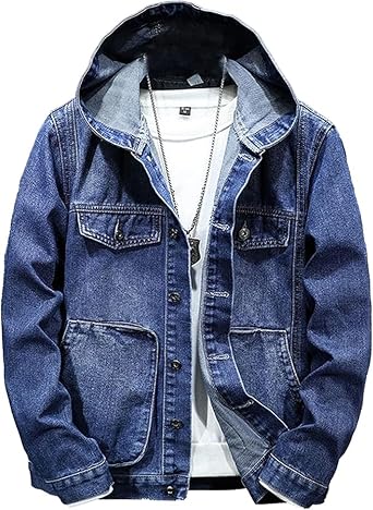 Mens Denim Hoodie Jacket Casual Long Sleeve Button Down Denim Trucker Coat Warm Winter Hooded Jean Jackets DarkBlue3,XX-Large