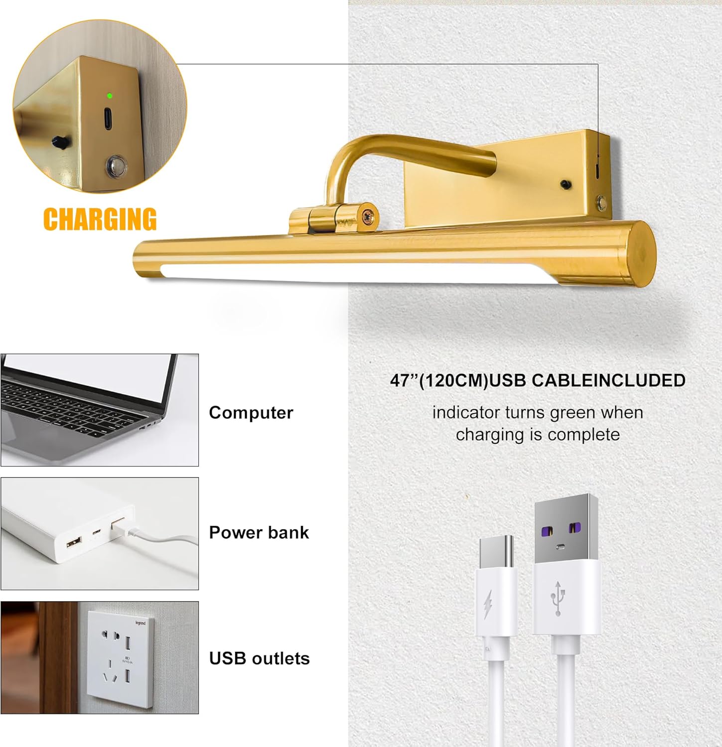 14in Picture Light,Battery Operated Picture Light,Brass,with Remote and Timer,Wall Pictures,Dimmable for Display Photo,Frame,Portrait.
