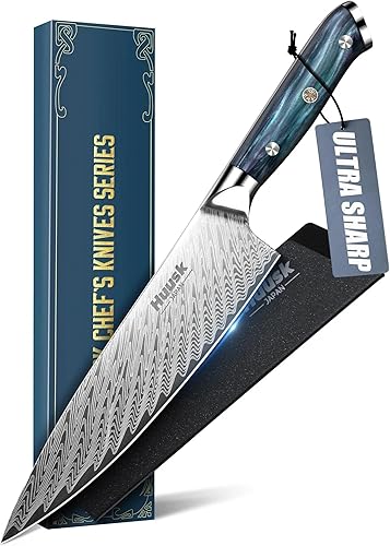 Huusk Cuchillo de chef de 8 pulgadas, cuchillo de cocina japonés inoxidable con mango ergonómico y funda de resina, cuchillos de cocina afilados de