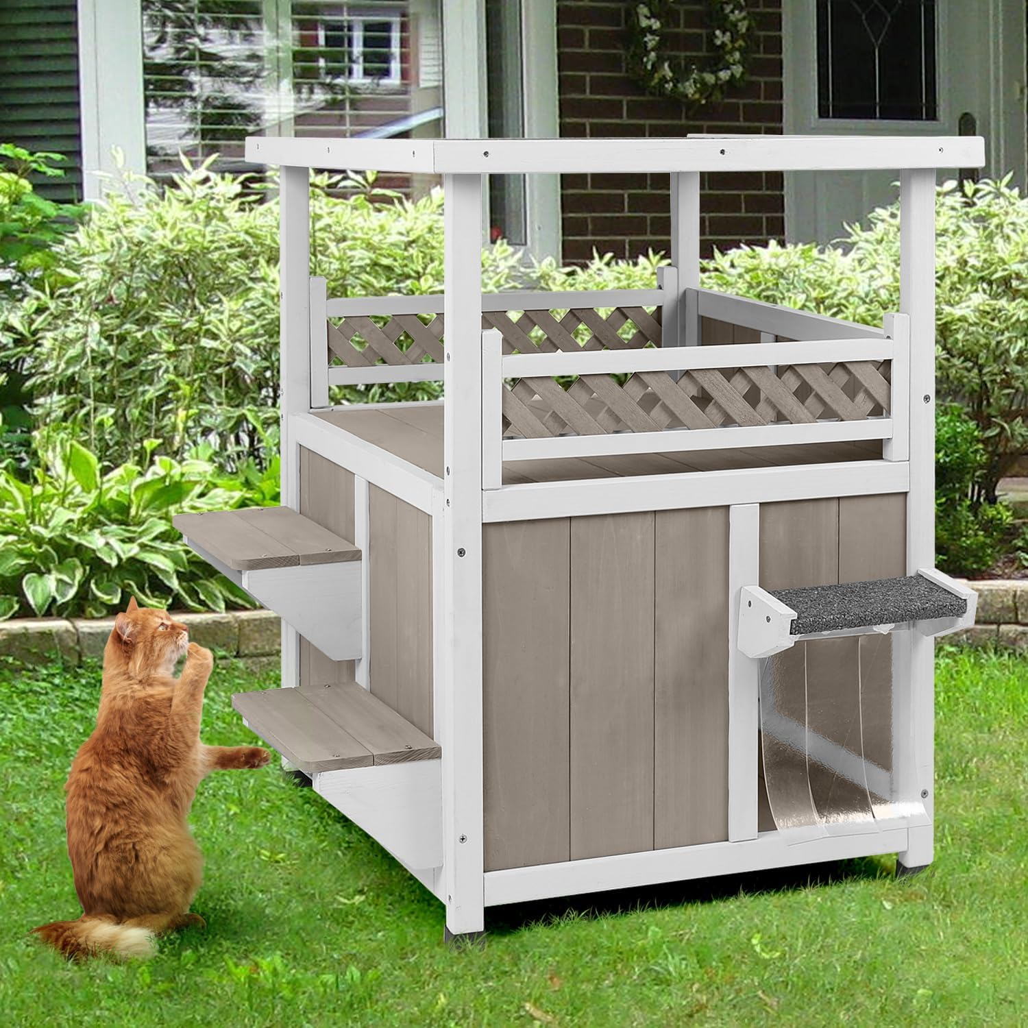 PetsCosset Outdoor Cat House Weatherproof, Two Story Feral Cats Shelter for Outside, Indoor Cat Condo with 2 Escape Doors, Large Balcony