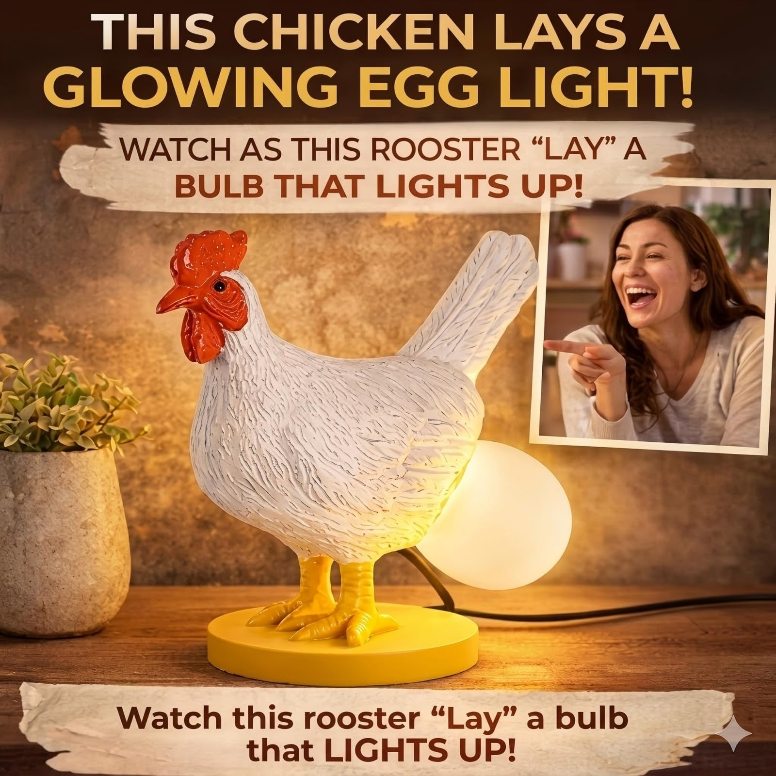 Funny Chicken Night Light Lamp – Rooster Laying Egg Light, Farmhouse Table Decor, Unique Gift for Chicken Lovers (Includes Bulb)