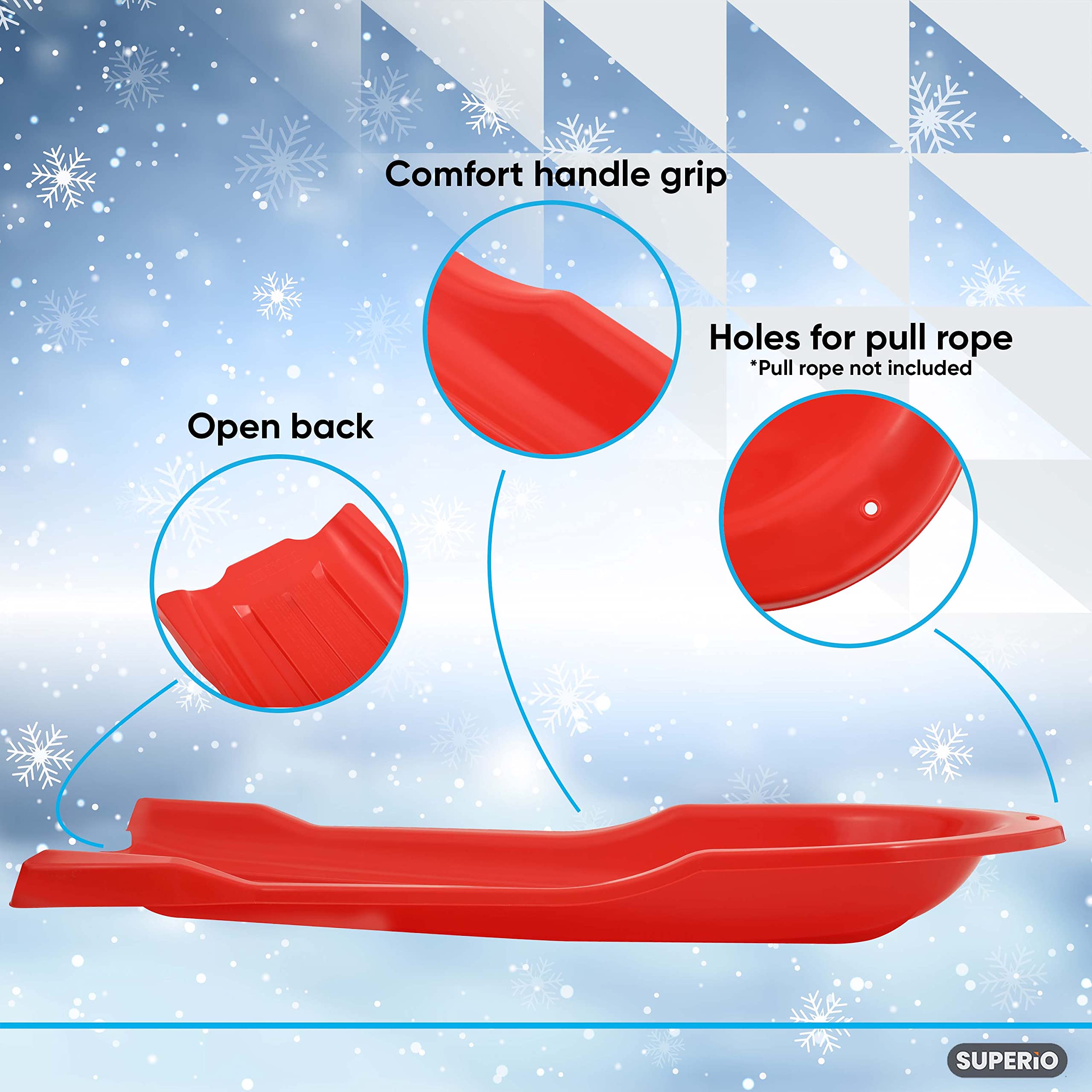 Superio Toboggan – Lot de 6 luges à neige pour enfants et adultes, glissières à dos ouvert en plastique robuste de 116,8 cm avec poignées et trou pour cordes de traction (rops non incluses), amusement