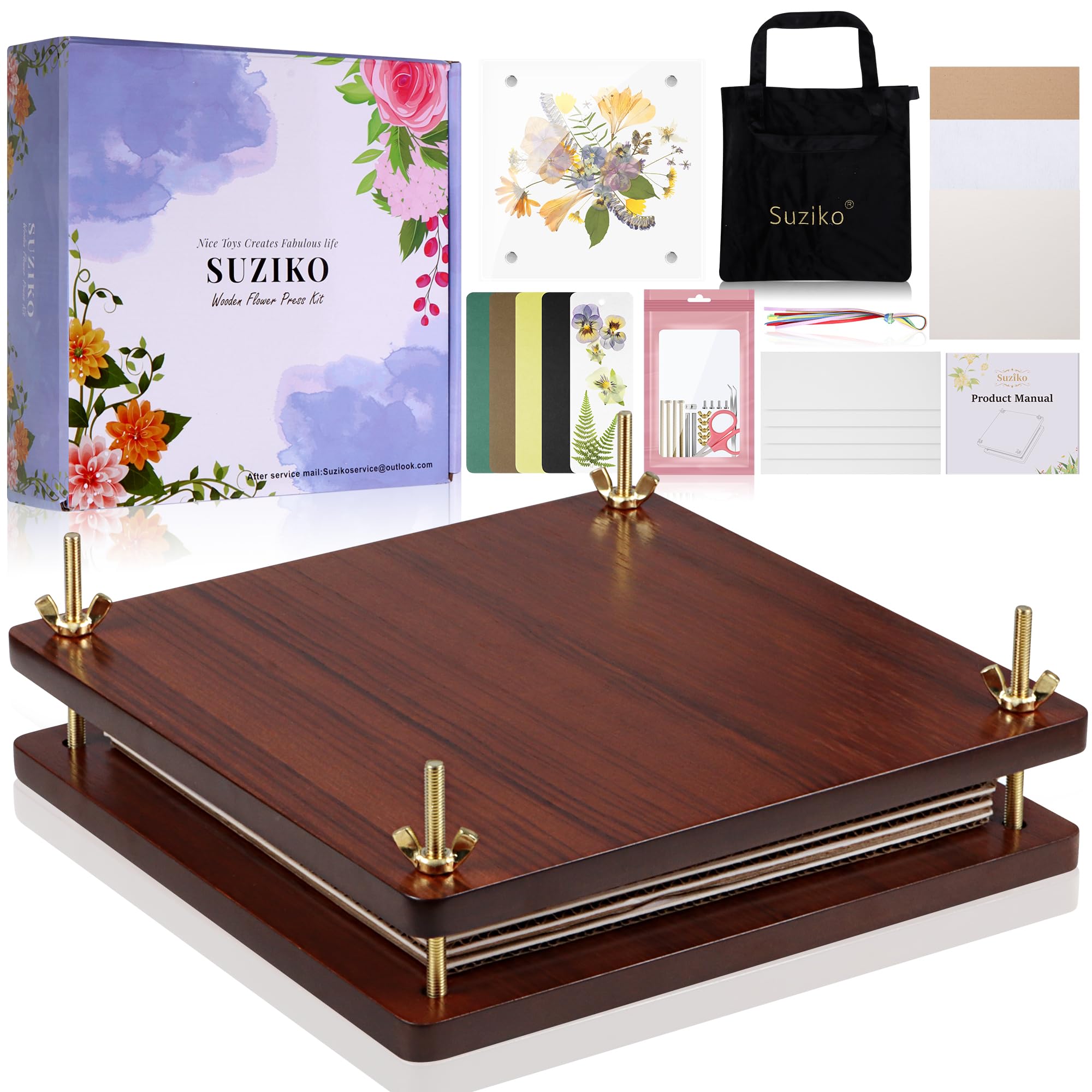 Suziko Kit de Prensa de Flores Bolsa de Almacenamiento, Kit de Manualidades DIY, Gran Kit de Prensa de Flores de Madera para Adultos y Niños, 25 x 25 cm