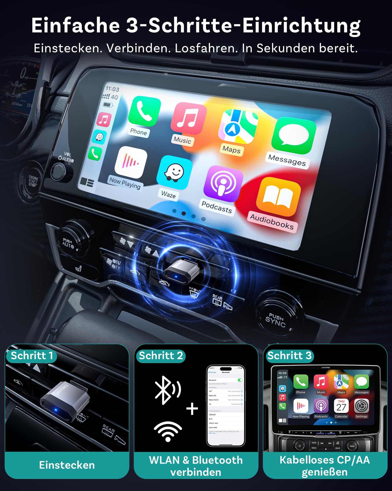 OTTOCAST Mini Nova 2026 Upgraded, Kabelloses CarPlay & Android Auto Adapter, Dual-Band WiFi, Bluetooth 5.0, Plug & Play USB, Für OEM Kabel-CarPlay Fahrzeuge ab 2016