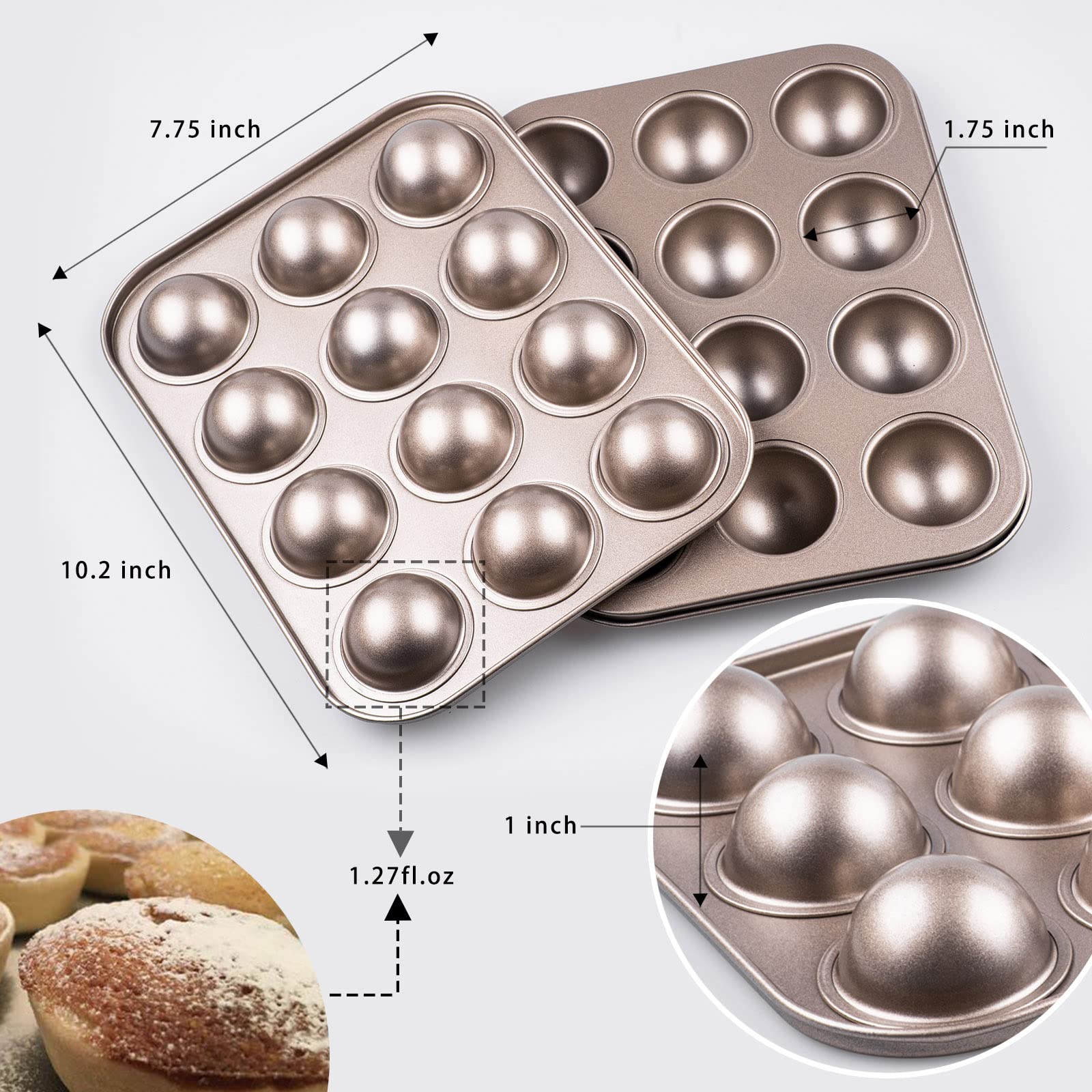 Yomvzake Juego de 2 moldes para hornear con agujero de donut, mini esfera redonda para hornear bandeja semiesférica antiadherente de 134 pulgadas, tamaño de bocado, media bola para hornear y regalo