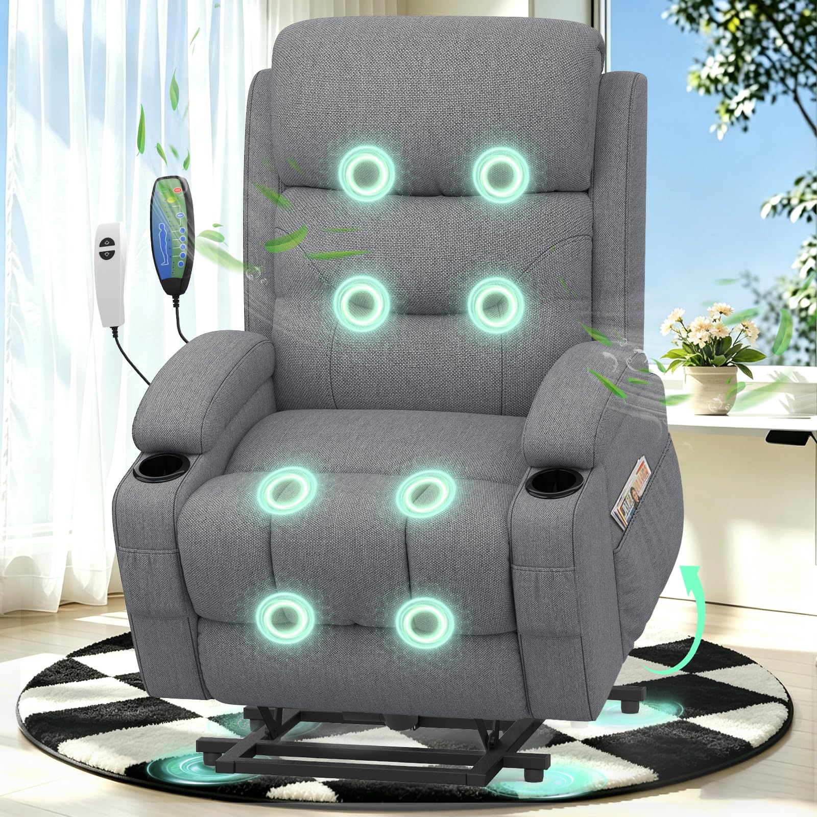 Recliner Armchair For the Elderly,Lift Chair with Massage and Heat Lift Assist Recliner Chair for Living Room Lounge Sofa 2 Cup Holders & 4 Storage Pockets USB + Type-C Charging Port (Deep Grey)