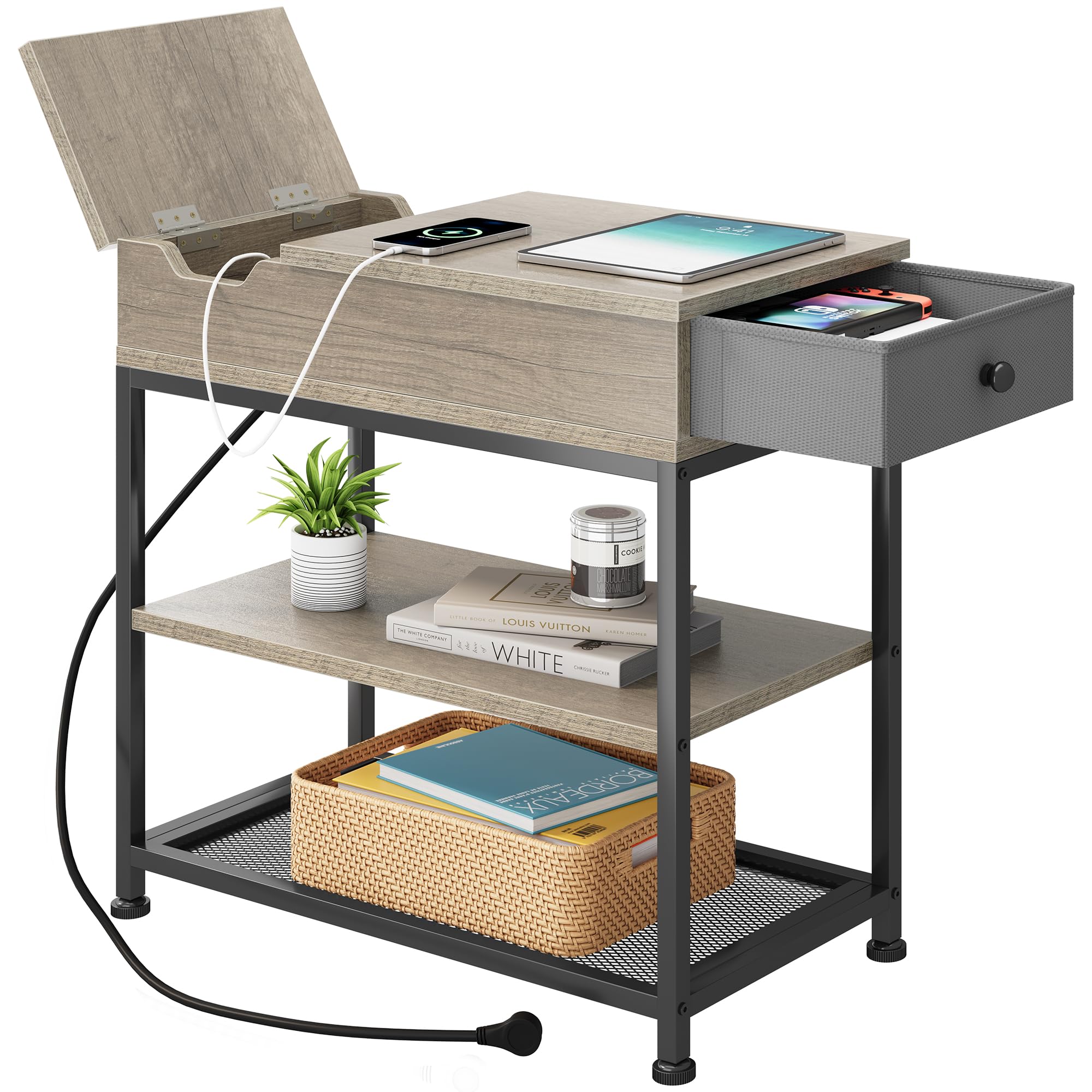 YITAHOME End Table with Charging Station, Flip Top Side Table with USB Ports and Outlets, Sofa Side Table Bedside Nightstand with Storage Shelves for Living Room & Bedroom
