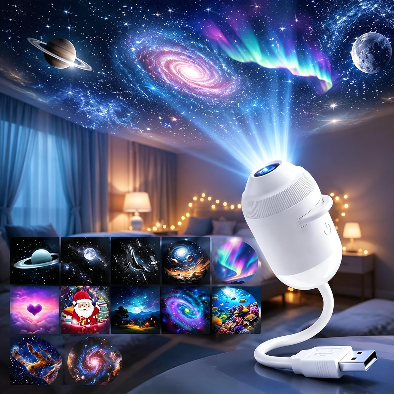 Proyector de Luz Nocturna Holográfica 5D Dinámico Inteligente HD | con 3/6/12/24 Películas de Proyección Deslizantes, Ajustable 360° y Alimentado por USB(24Films)