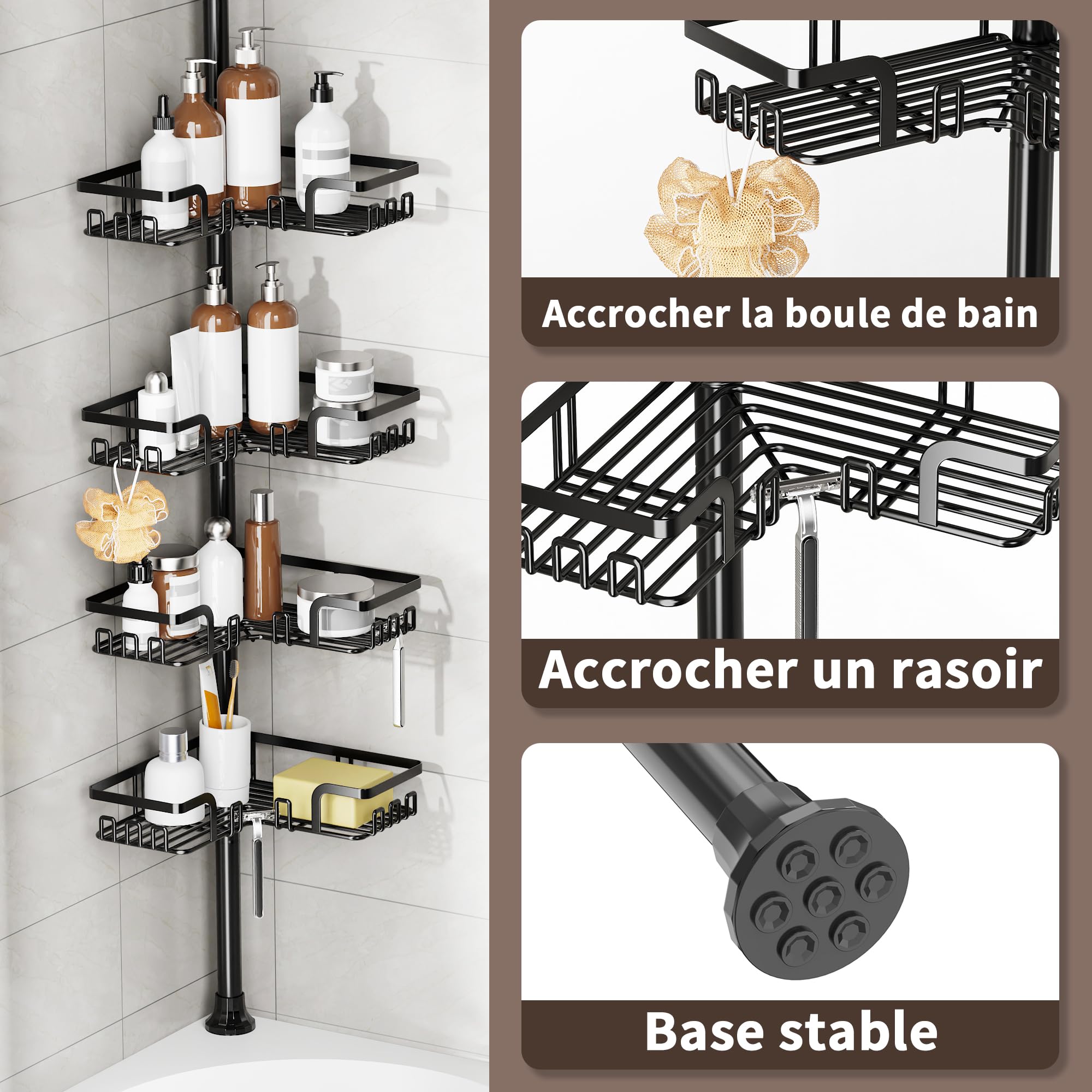 KEGII Etagere Douche Telescopique - Etagere Douche Angle Etagere Angle Salle de Bain Etagere de Douche Sans Percage Support Savon Crochet Douche(Noir, Inox)