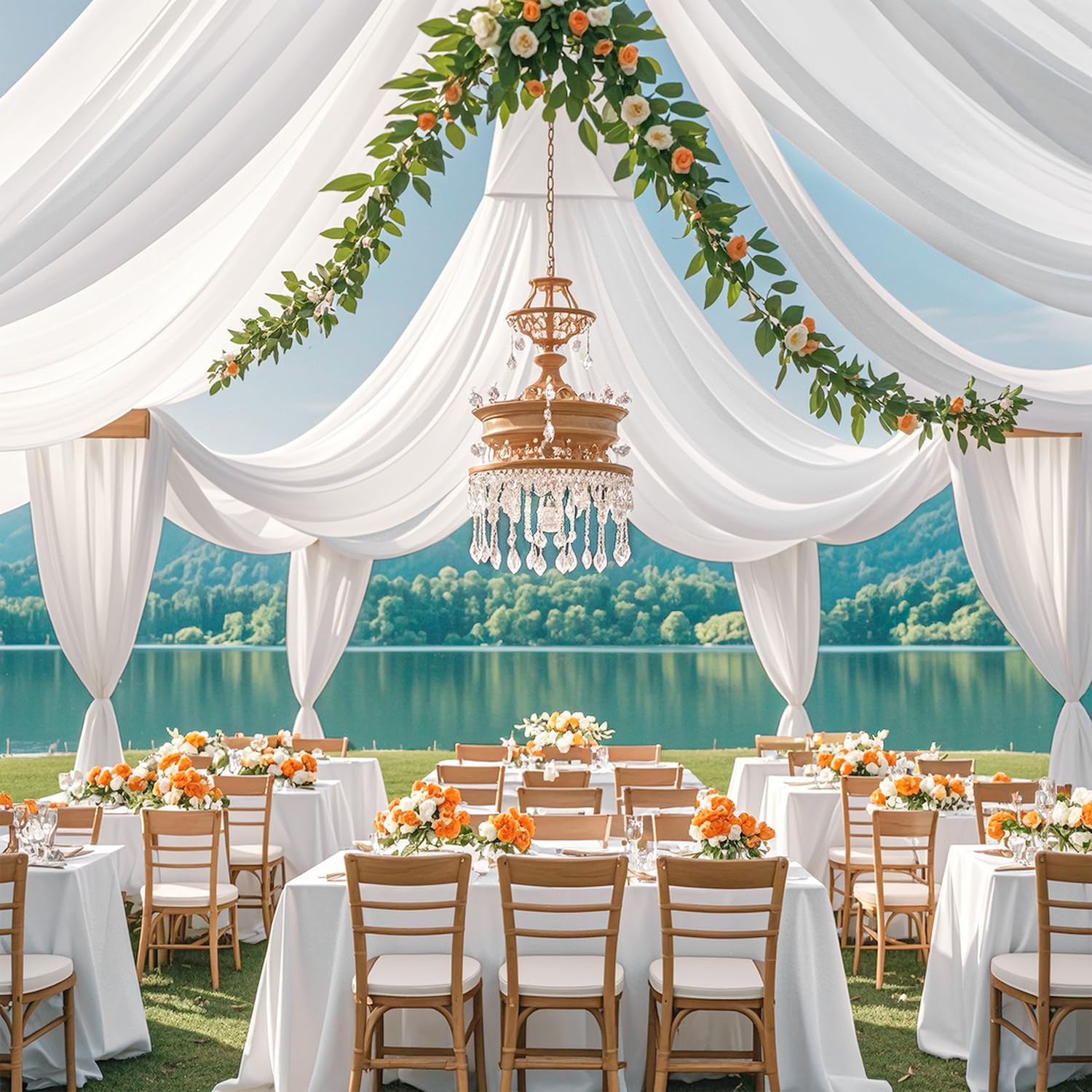 Weiße Deckenvorhänge für Hochzeiten, 6 Paneele, 1,5 x 3 m, durchscheinender Stoff, Hochzeitsdeckenvorhänge, Chiffon-Hintergrund, Vorhänge, Vorhänge für Partys, Hochzeitsempfang, Zeremonie