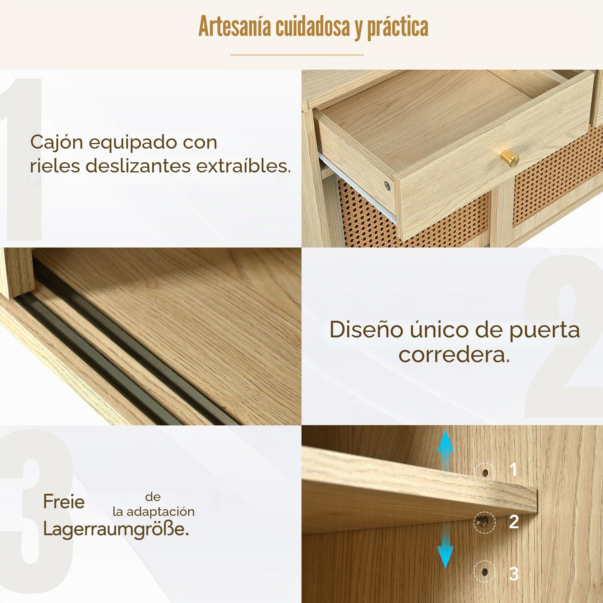 Aparador de 120 x 40 x 78 cm, cómoda con 3 cajones y 3 puertas correderas, mimbre de ratán en los frentes de la puerta, patas de madera maciza, tirador de metal dorado, estantes ajustables,