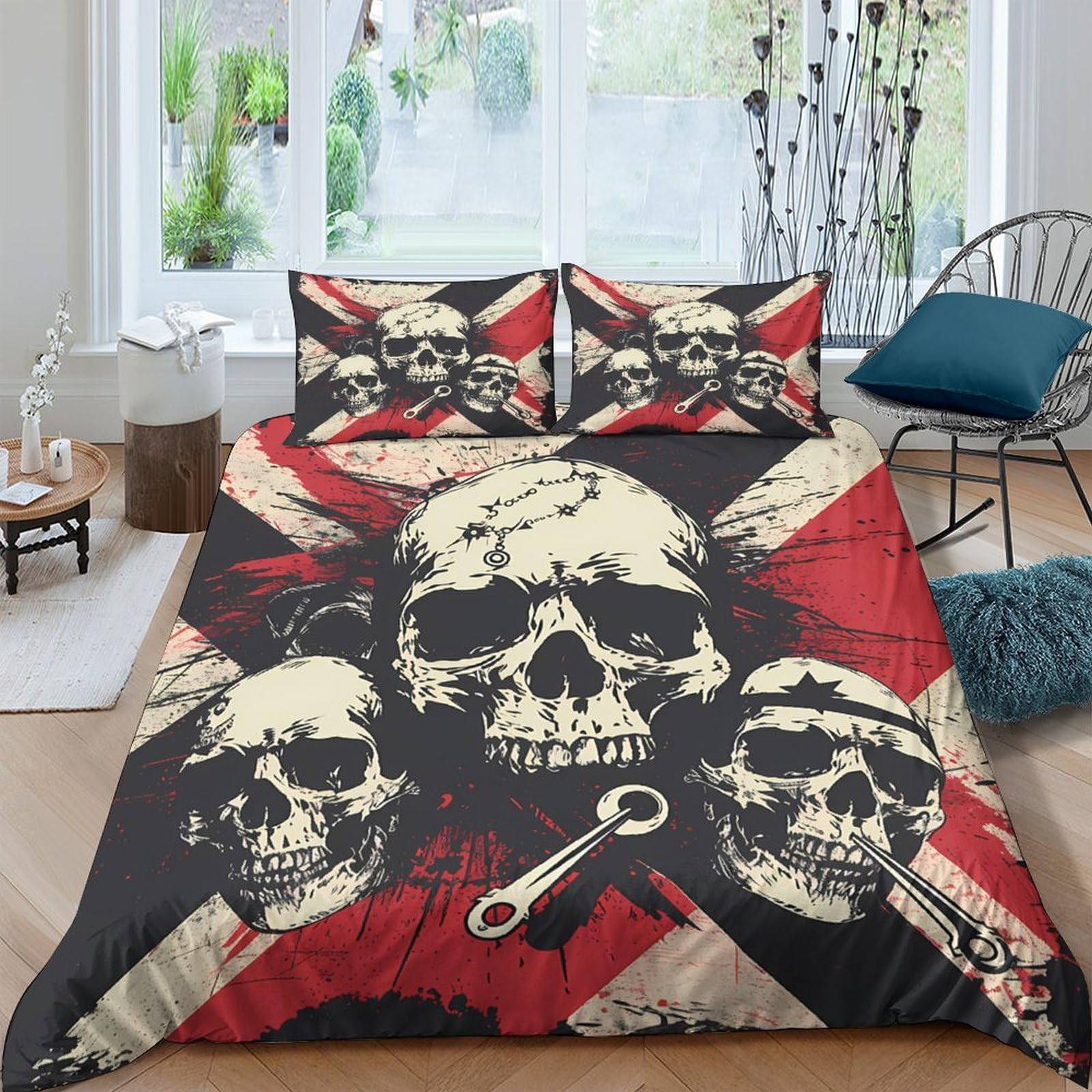 GPLZQXKJNH 3D Printed Skull Grunge Duvet Cover Microfiber Soft Gothic Skull Bedding Set with 2 Pillowcases for Bedroom Decor Single（135x200cm）