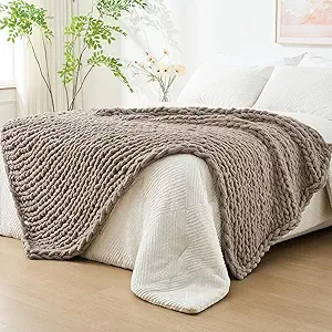 Bigacogo Chunky Knit Throw Blanket for Couch, 51x63 inches, 100% Hand Knitted with Thick Jumbo Chenille Yarn, Cozy Soft Large Rope Knot Cable Crochet Blankets for Sofa Bed Living Room, Taupe