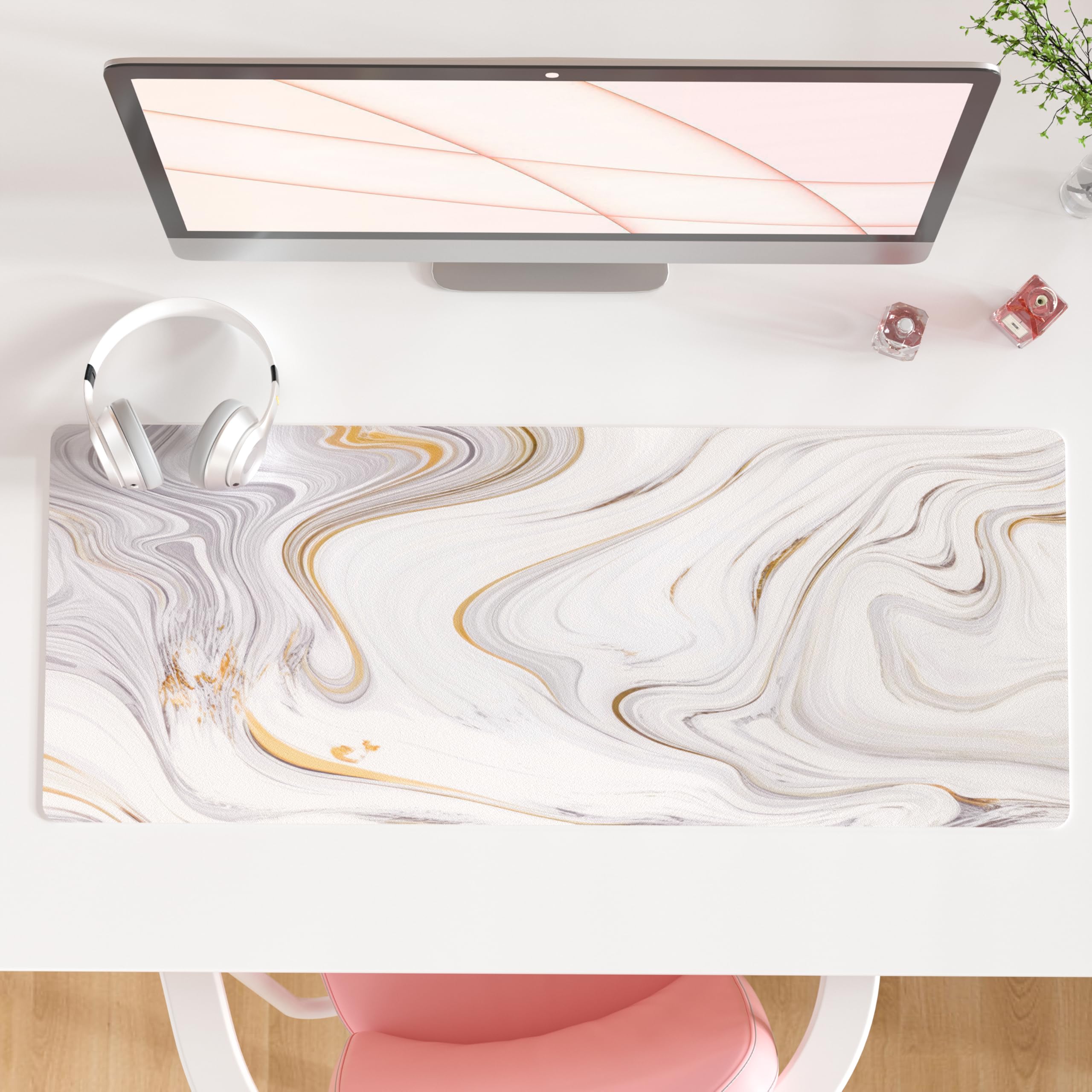 QIYI White Mouse Pad, Cute Marble Large Desk Mat, PU Leather Desk Protector Mousepad, Gold Grey Striped Waterproof Computer Keyboard Gaming Mouse Pads